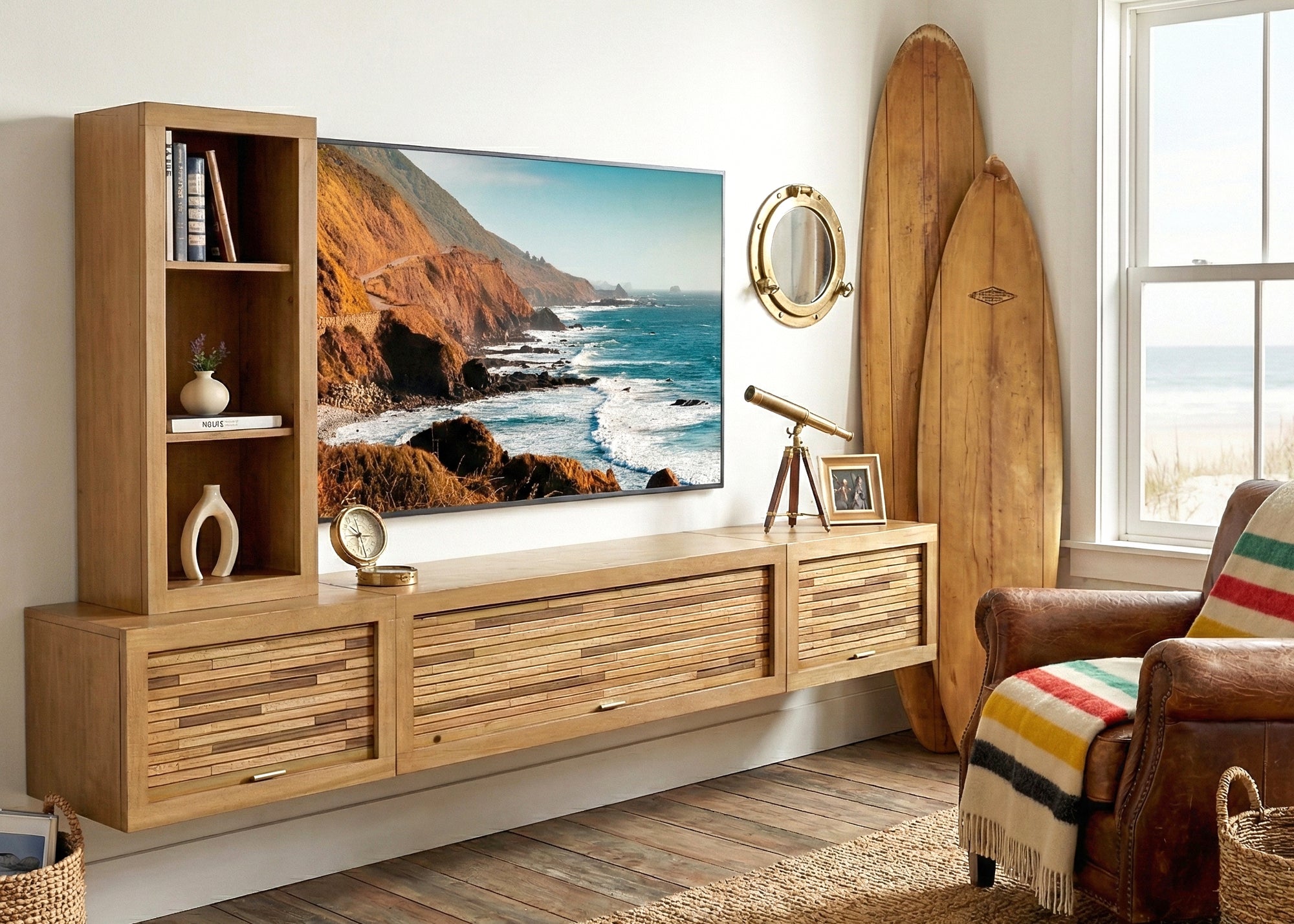 Floating TV Stand Wall Mount Entertainment Center With Bookcase - ECO GEO - Wheat