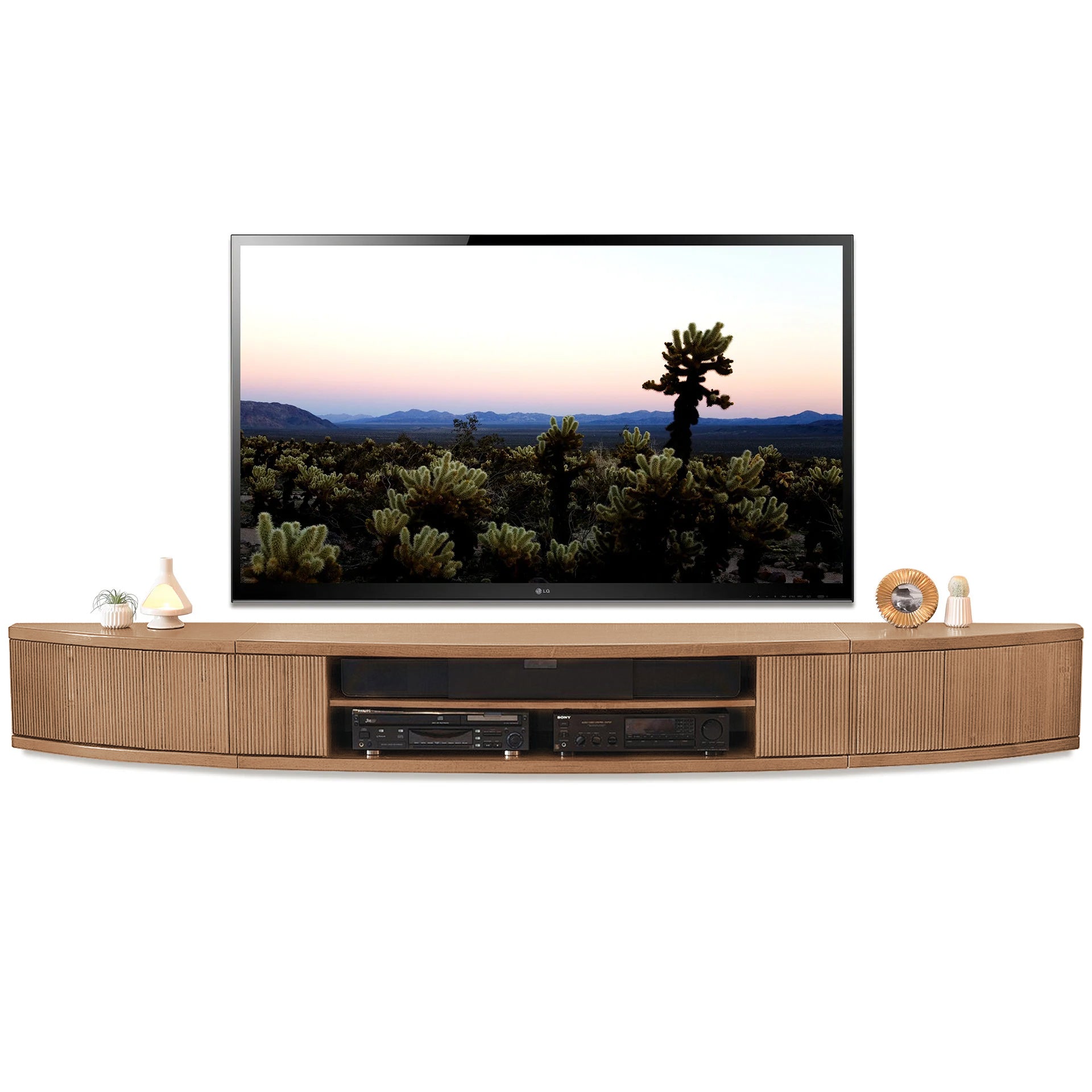 Handcrafted 108" Natural Floating TV Stand Curved Modern Wall Mount Entertainment Center - Arc - Ginger