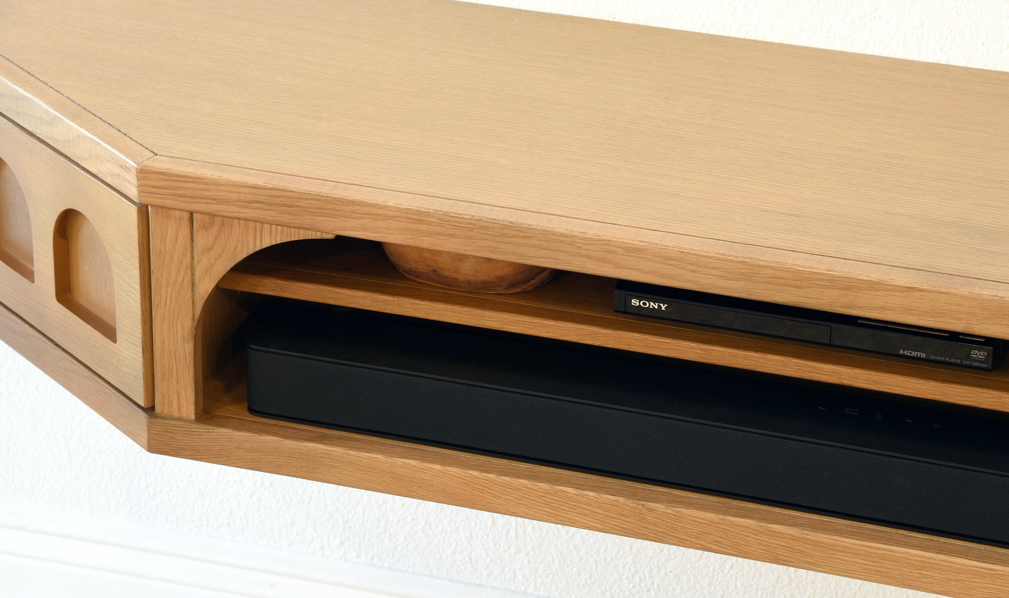 Floating TV Stand Natural Light Oak Arched Wall Mount Entertainment Center For Up To 65" Screens - Santa Barbara - Wheat