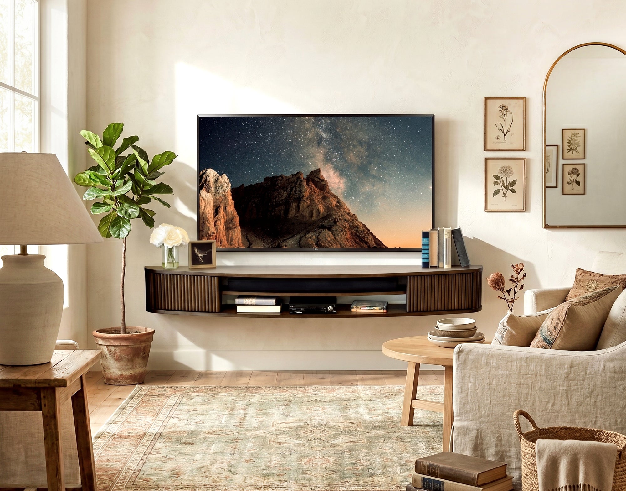 Floating TV Stand Curved Wall Mount 72" Console - Arc - Russet Brown