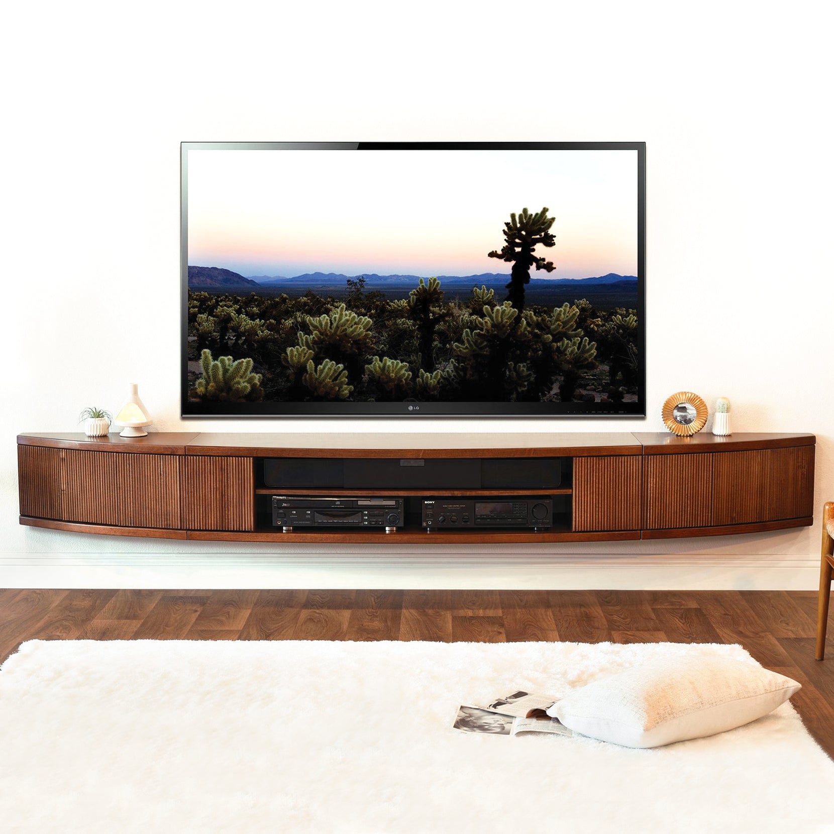 Handcrafted 108 Floating TV Stand Curved Modern Entertainment Center Woodwaves