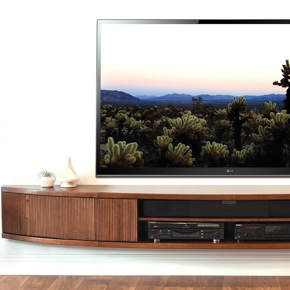 Handcrafted 108" Floating TV Stand Curved Modern Entertainment Center - Arc - Mocha