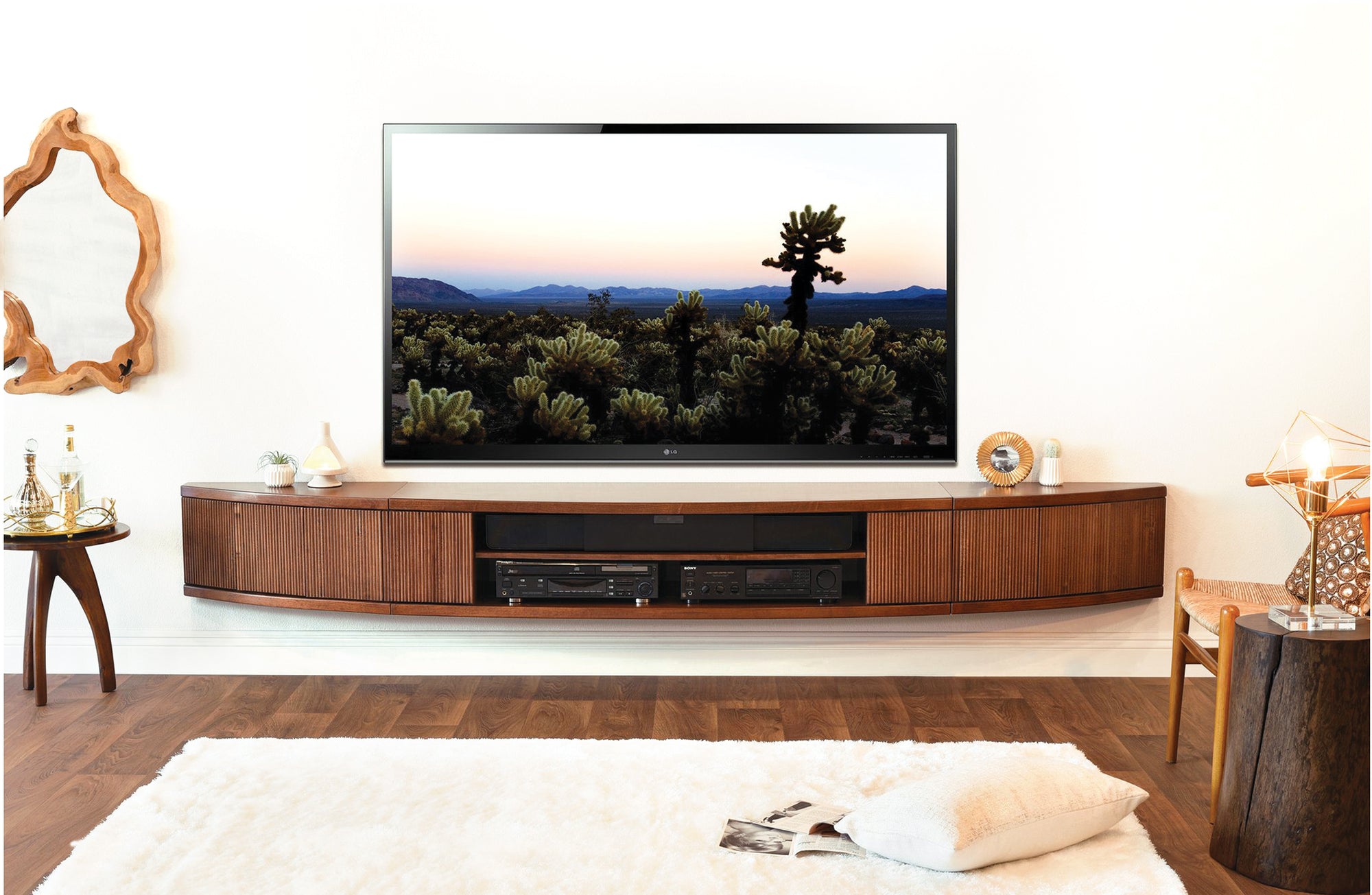 Handcrafted 108 Floating TV Stand Curved Modern Entertainment Center Woodwaves