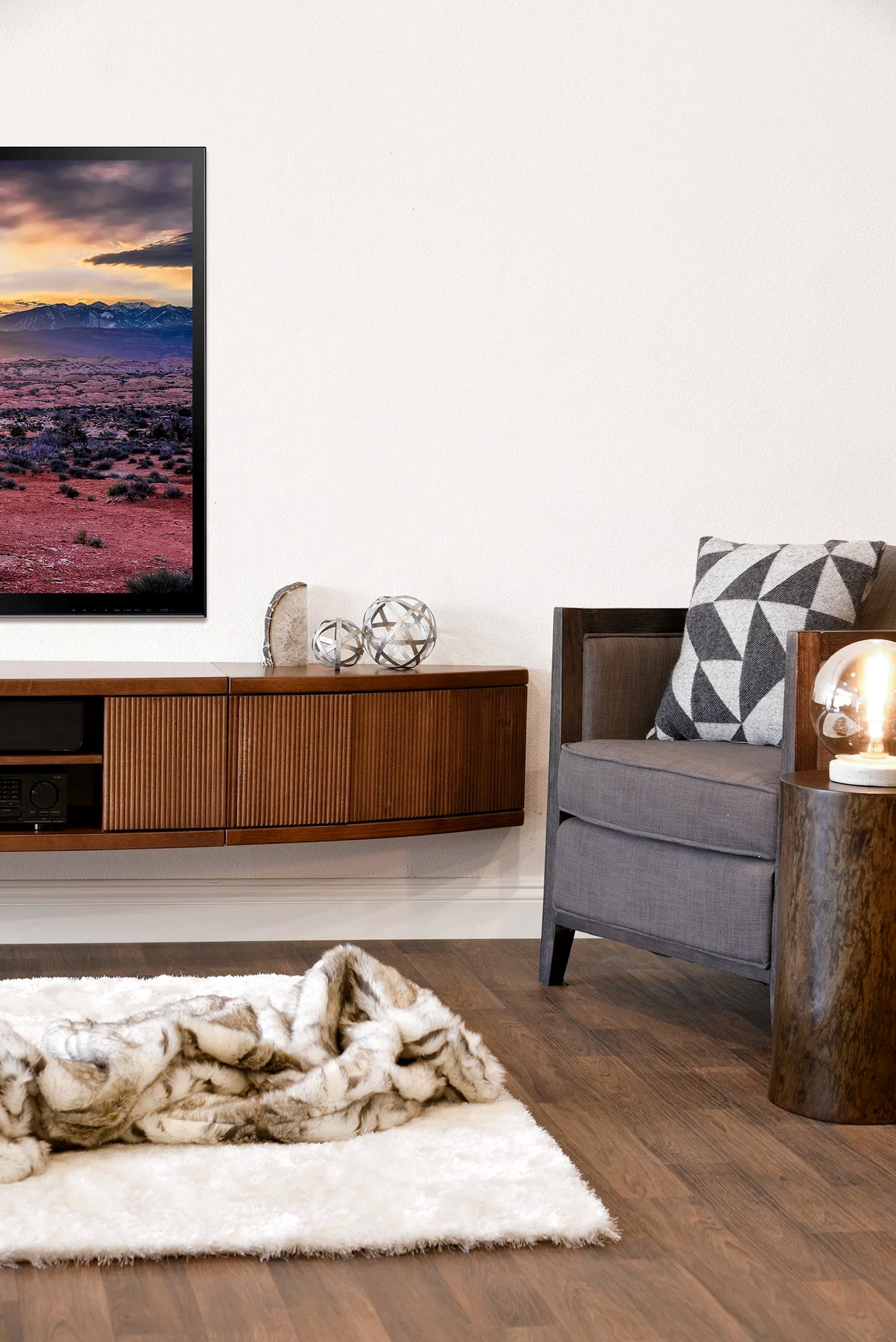 Handcrafted 108" Floating TV Stand Curved Modern Entertainment Center - Arc - Mocha