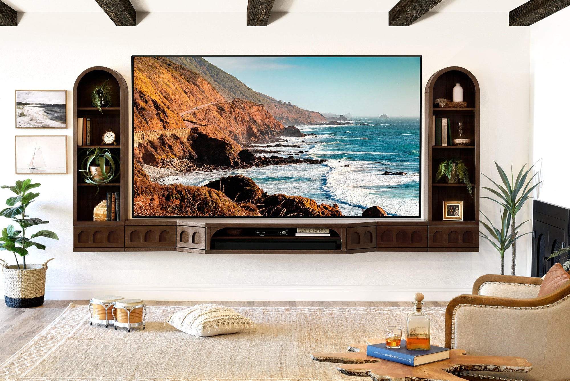 Floating TV Stand Dark Oak Arched Wall Mount Entertainment Center For Up To 100" Screens - Santa Barbara - Russet Brown