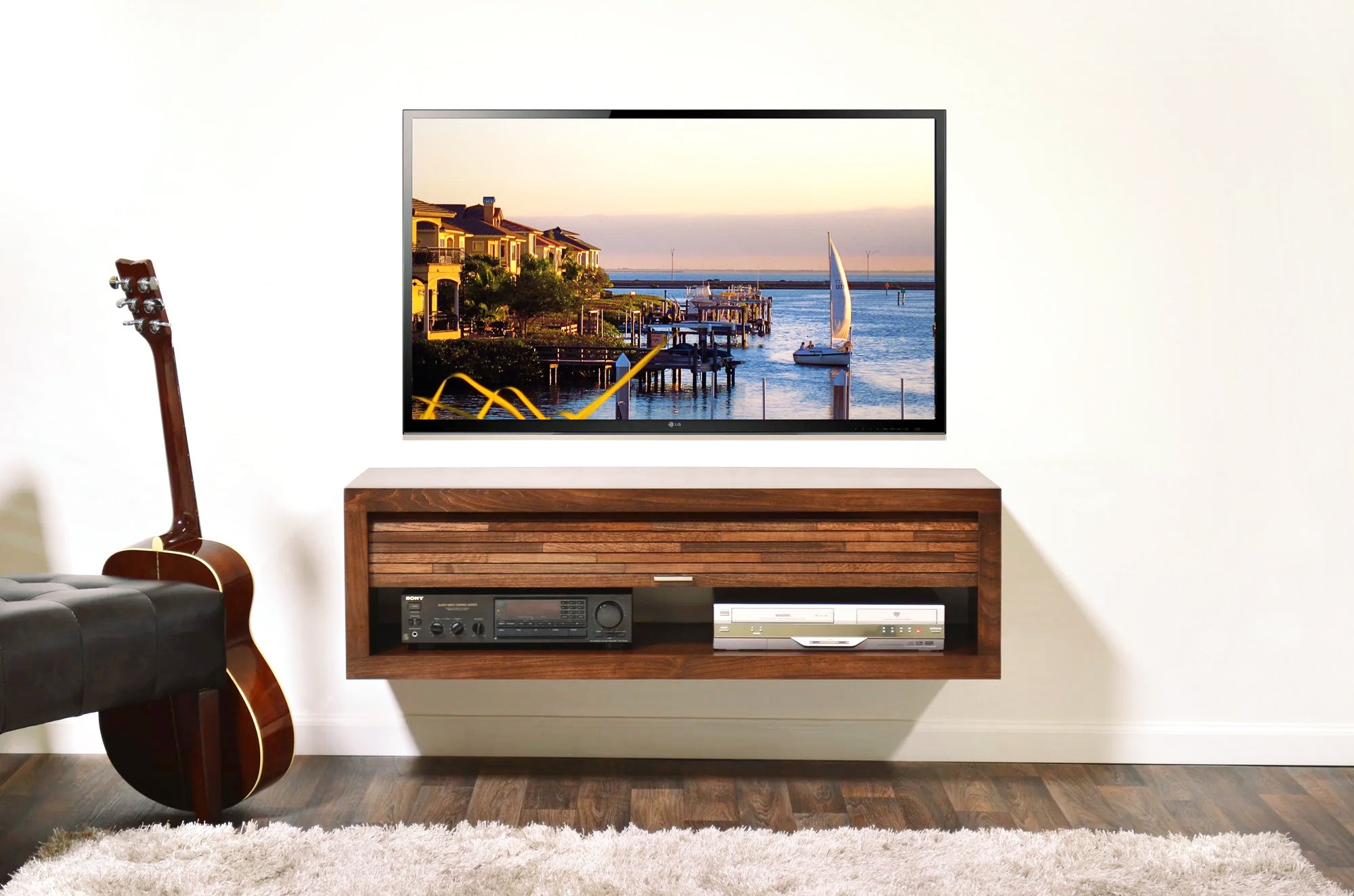 Handmade Floating TV Stand Modern Wall Mount Media Console - ECO GEO - Mocha