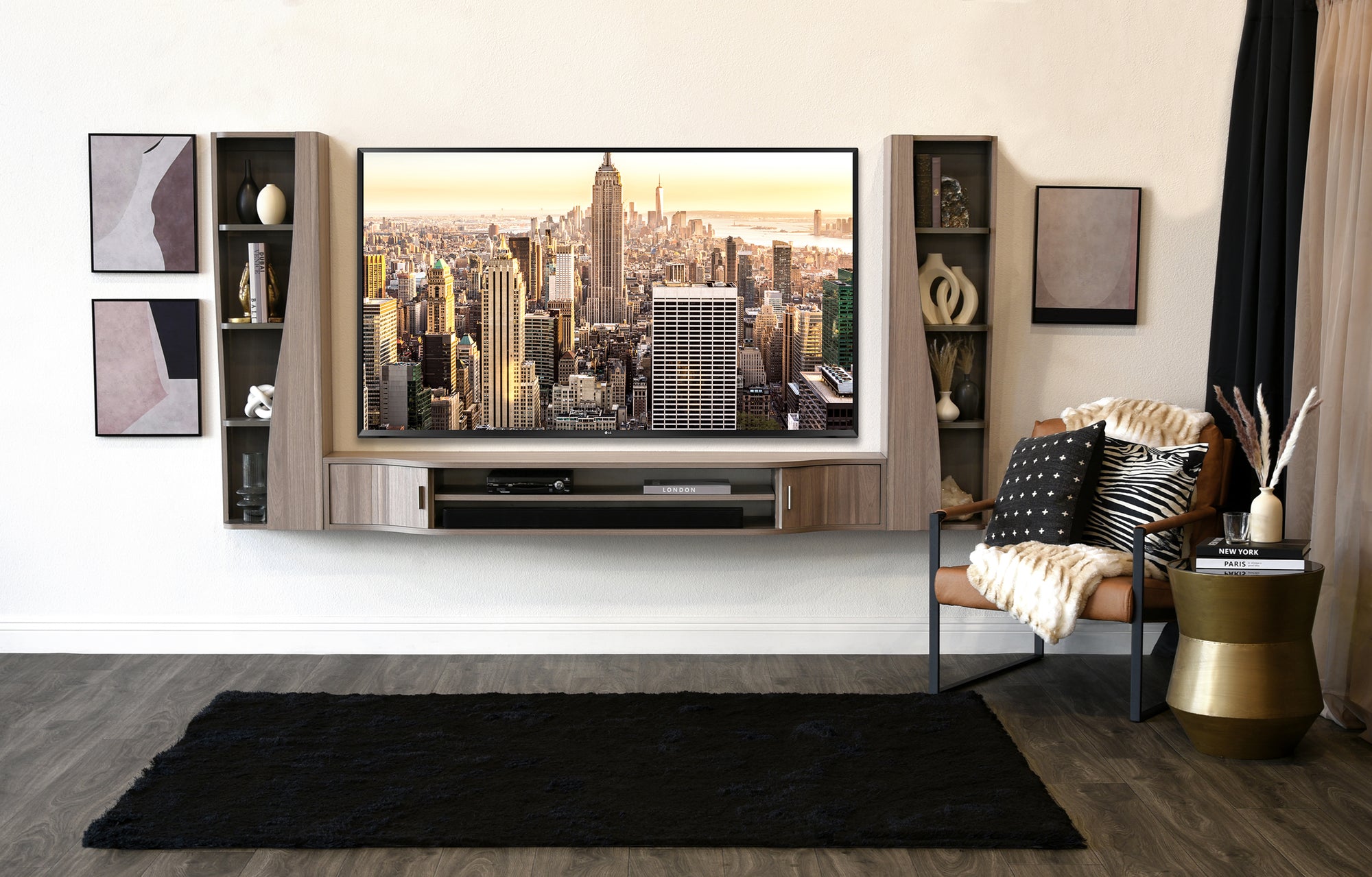 Modern Handcrafted Curved Floating TV Stand Wall Mount Entertainment Center - Mojave - Gray