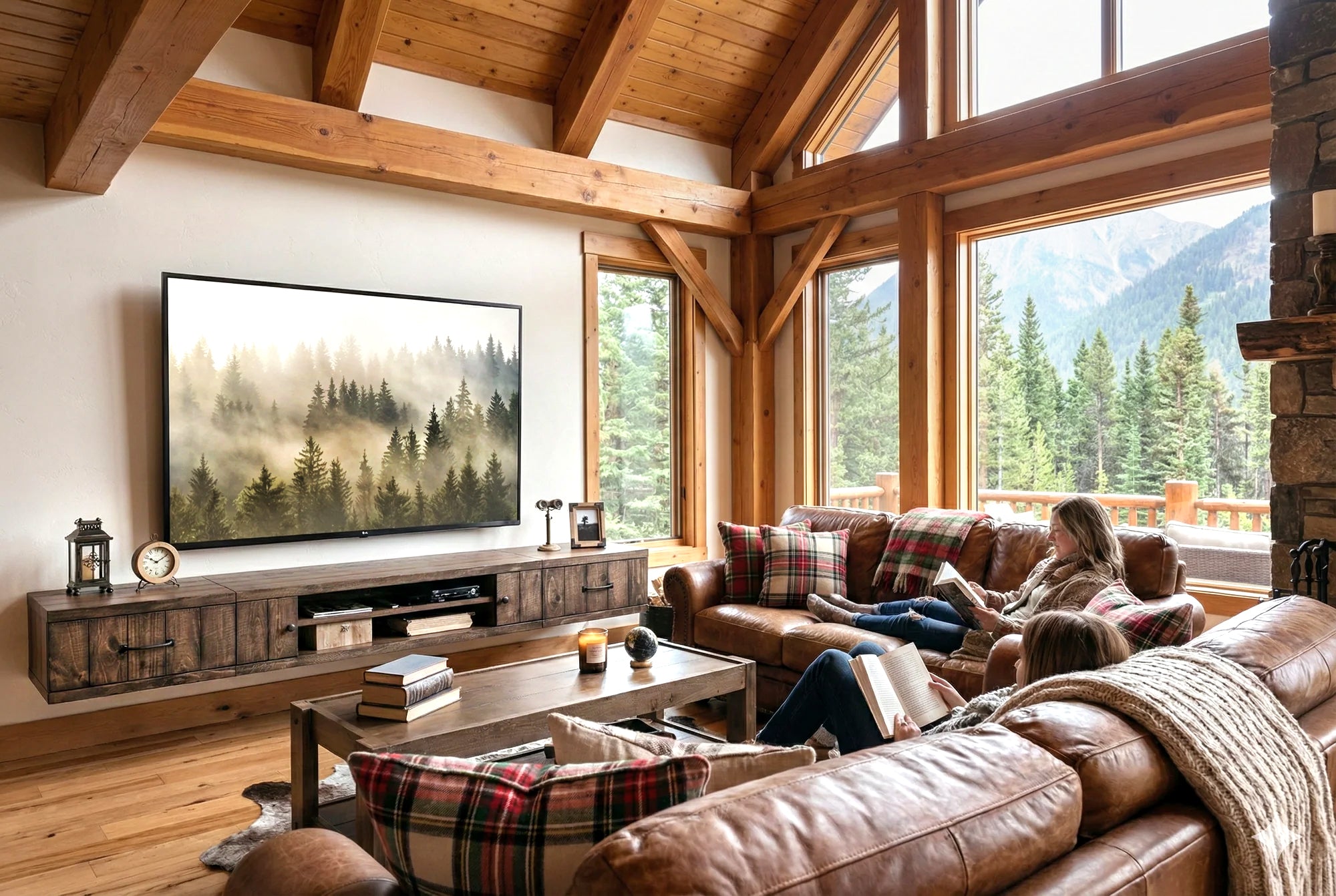 Modern mountain lodge living room with a large modern rustic floating tv stand