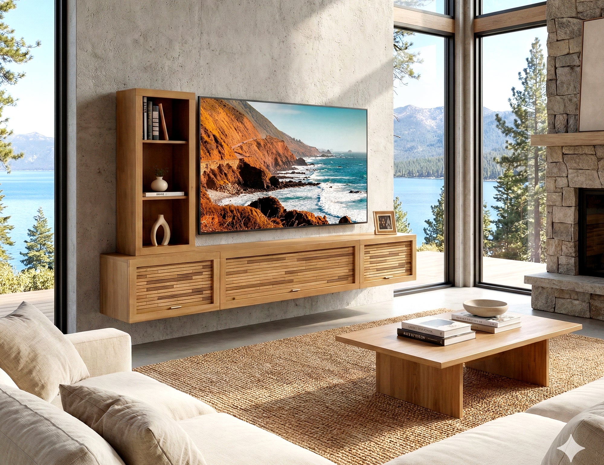 Floating TV Stand Wall Mount Entertainment Center With Bookcase - ECO GEO - Wheat