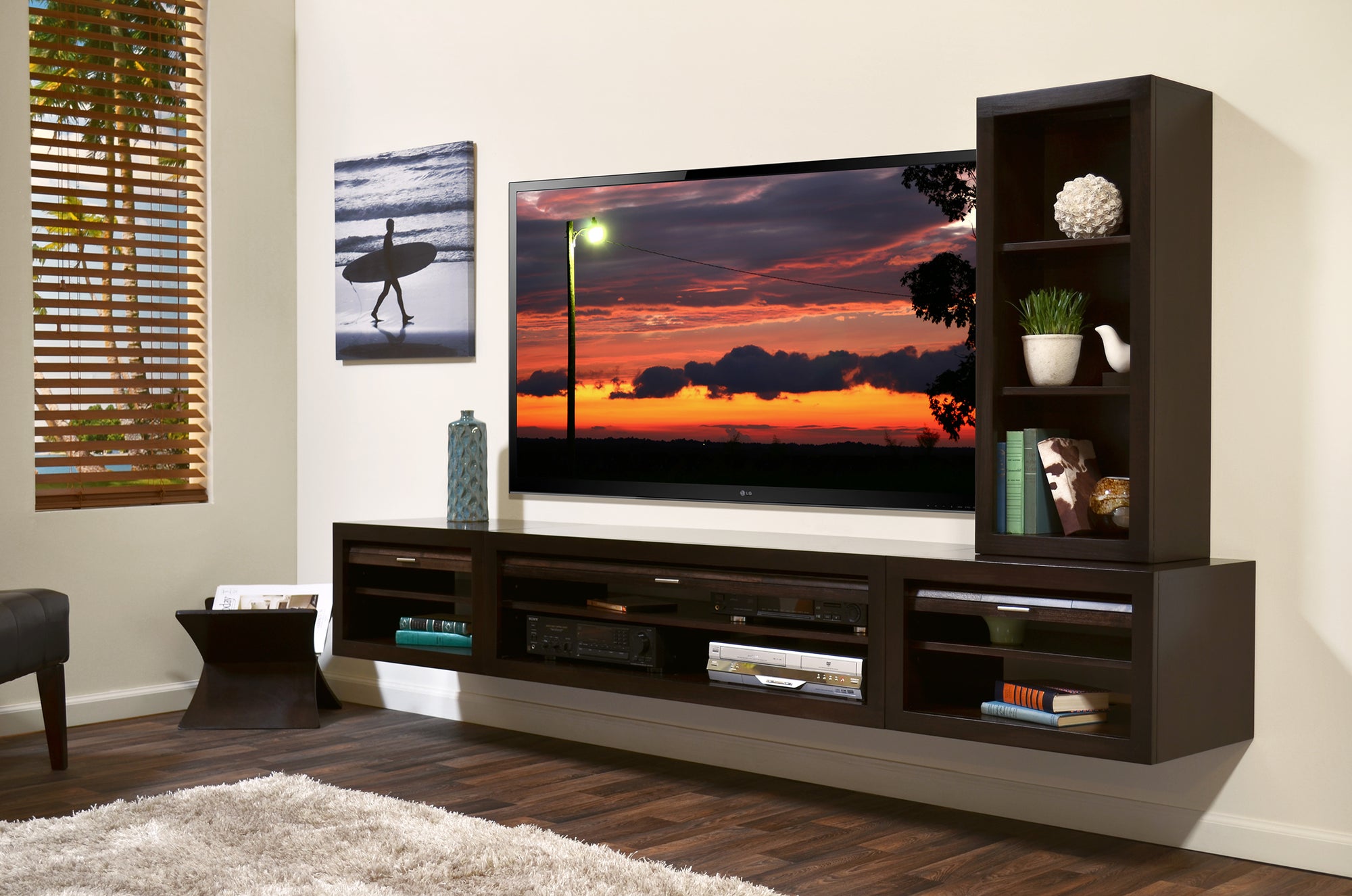 Floating TV Stand Entertainment Center With Bookcase - ECO GEO - Espresso