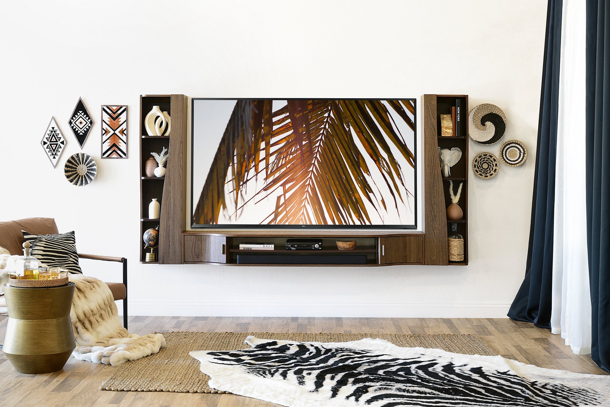 Handcrafted 94" Fully Assembled Modern Curved Floating TV Stand Wall Mount Entertainment Center - Mojave - Dark Walnut