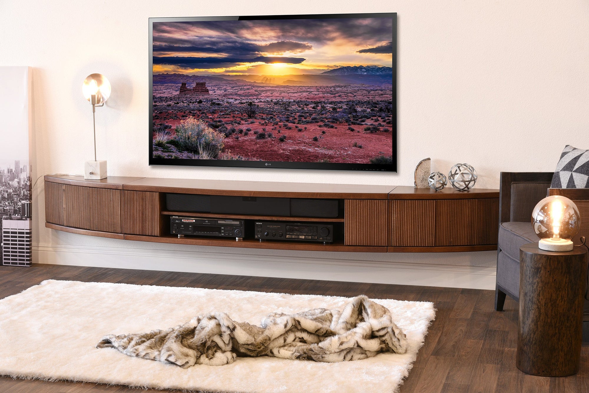 Floating TV Stand Mid Century Modern Entertainment Center - Arc - Mocha - OB 50% OFF!