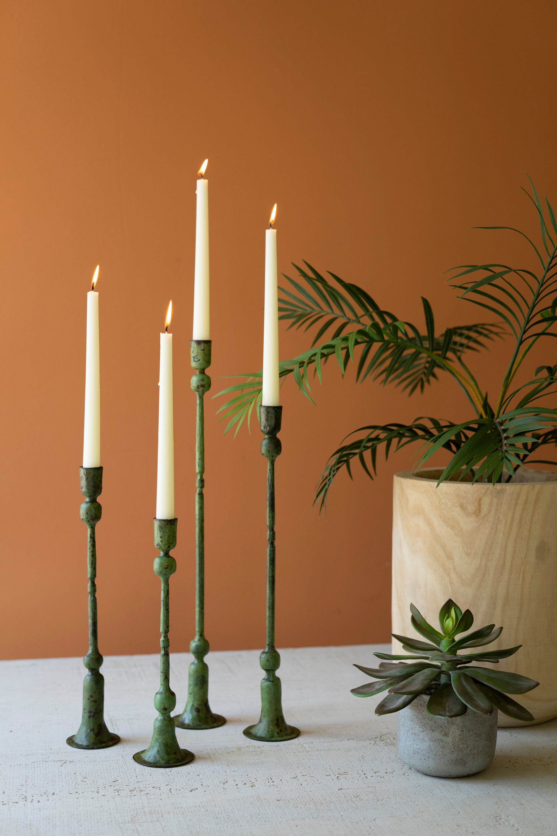 Set Of Four Forged-Iron Taper Candle Holders - Green Patina