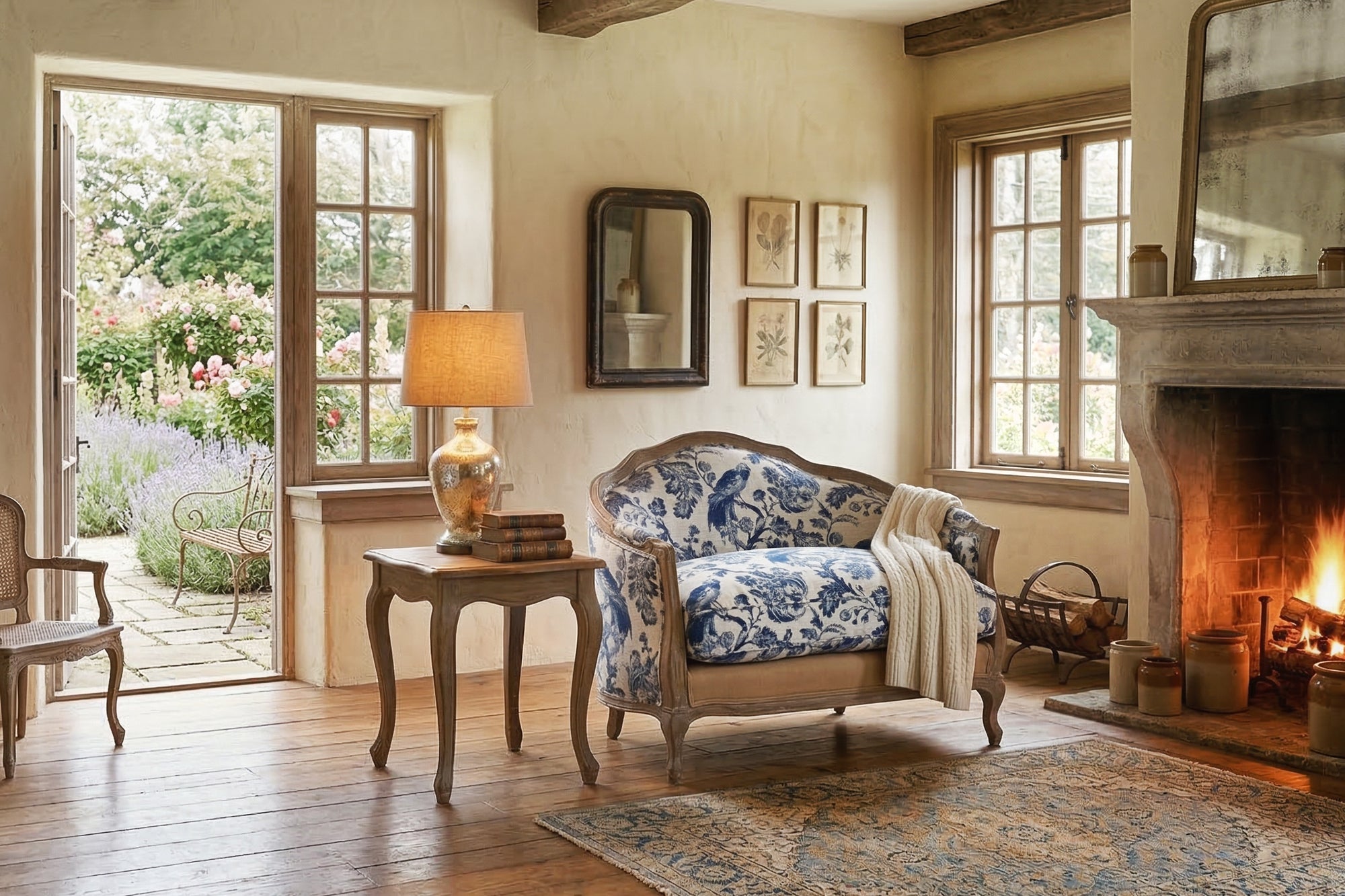 French Country Cottage Blue Bird Toile Settee Chair