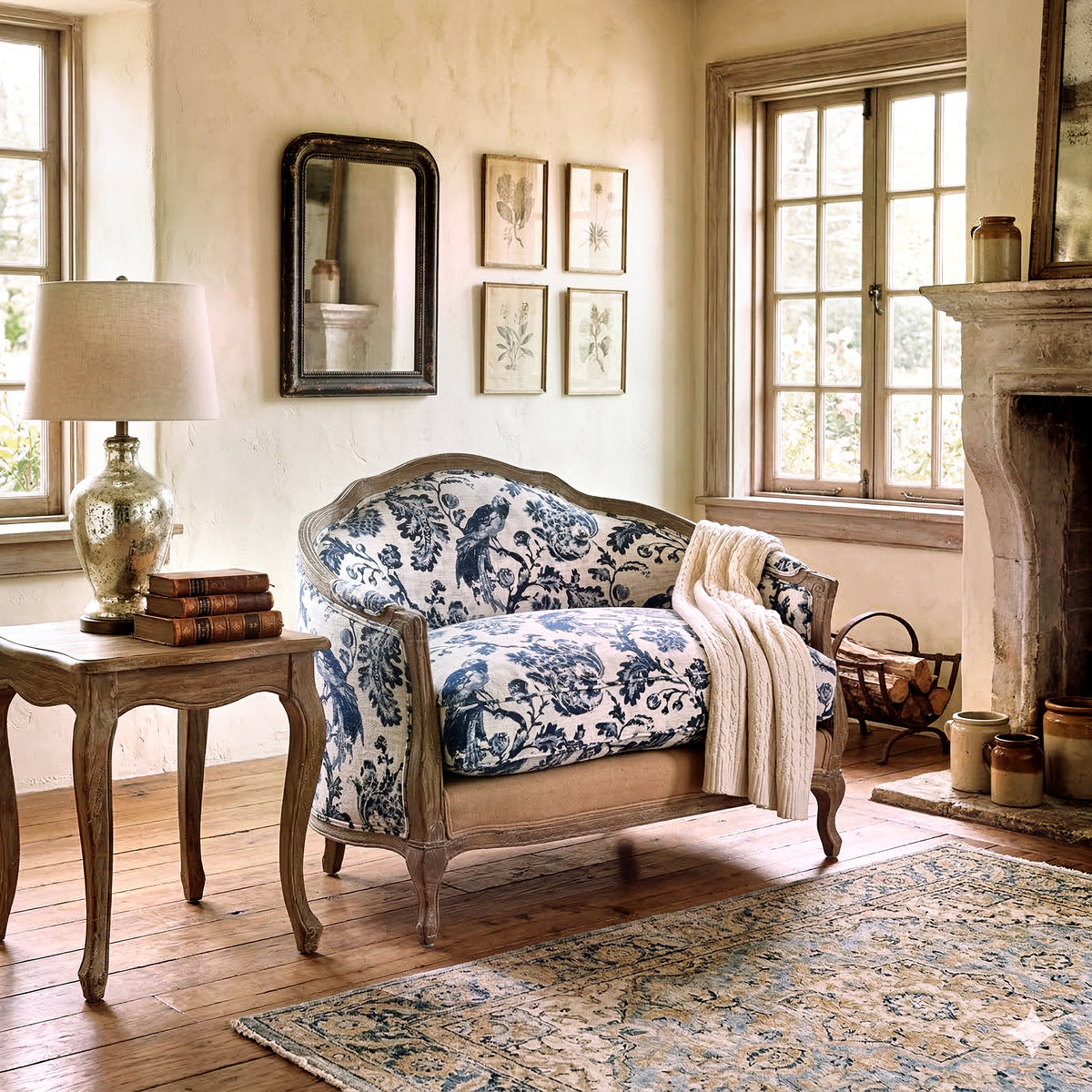 French Country Cottage Blue Bird Toile Settee Chair - Woodwaves