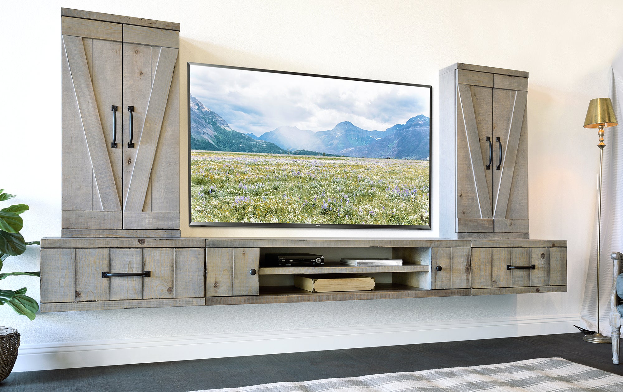 Gray Barn Door Floating TV Stand Wall Mount Entertainment Center - Farmhouse - Lakewood