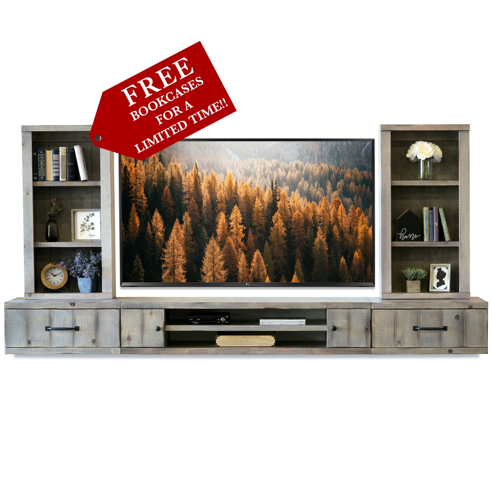 Floating TV Stand - Woodwaves - Rustic Wood Floating Entertainment Center - Farmhouse Collection - Lakewood Gray