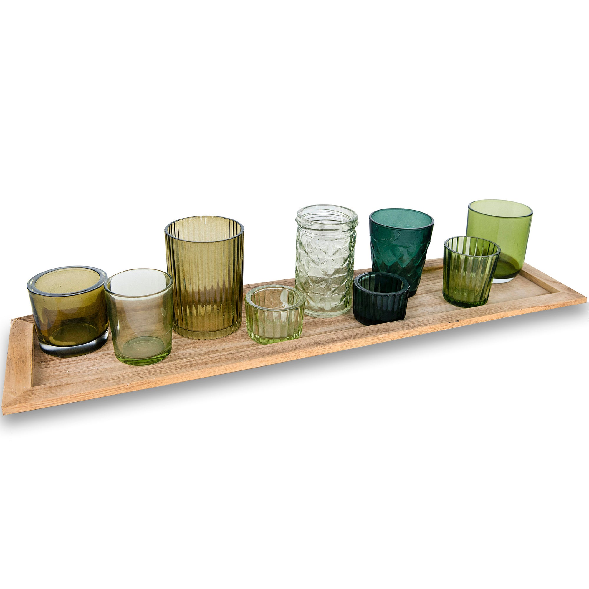 Green Glass Tealight Candle Holders With Wood Tray