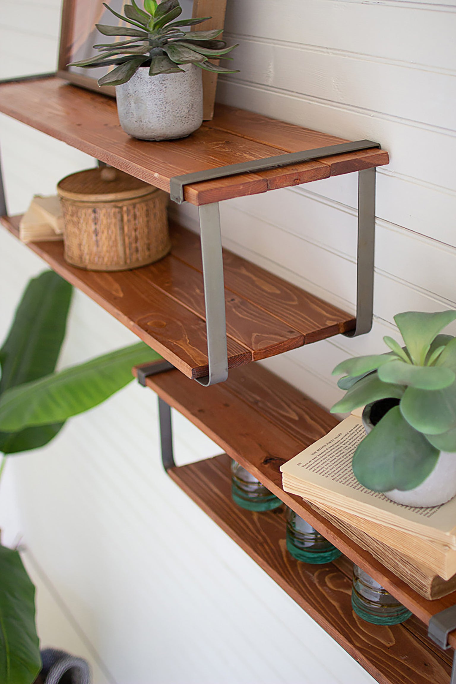 Industrial Modern Metal and Wood Floating Wall Shelf Set