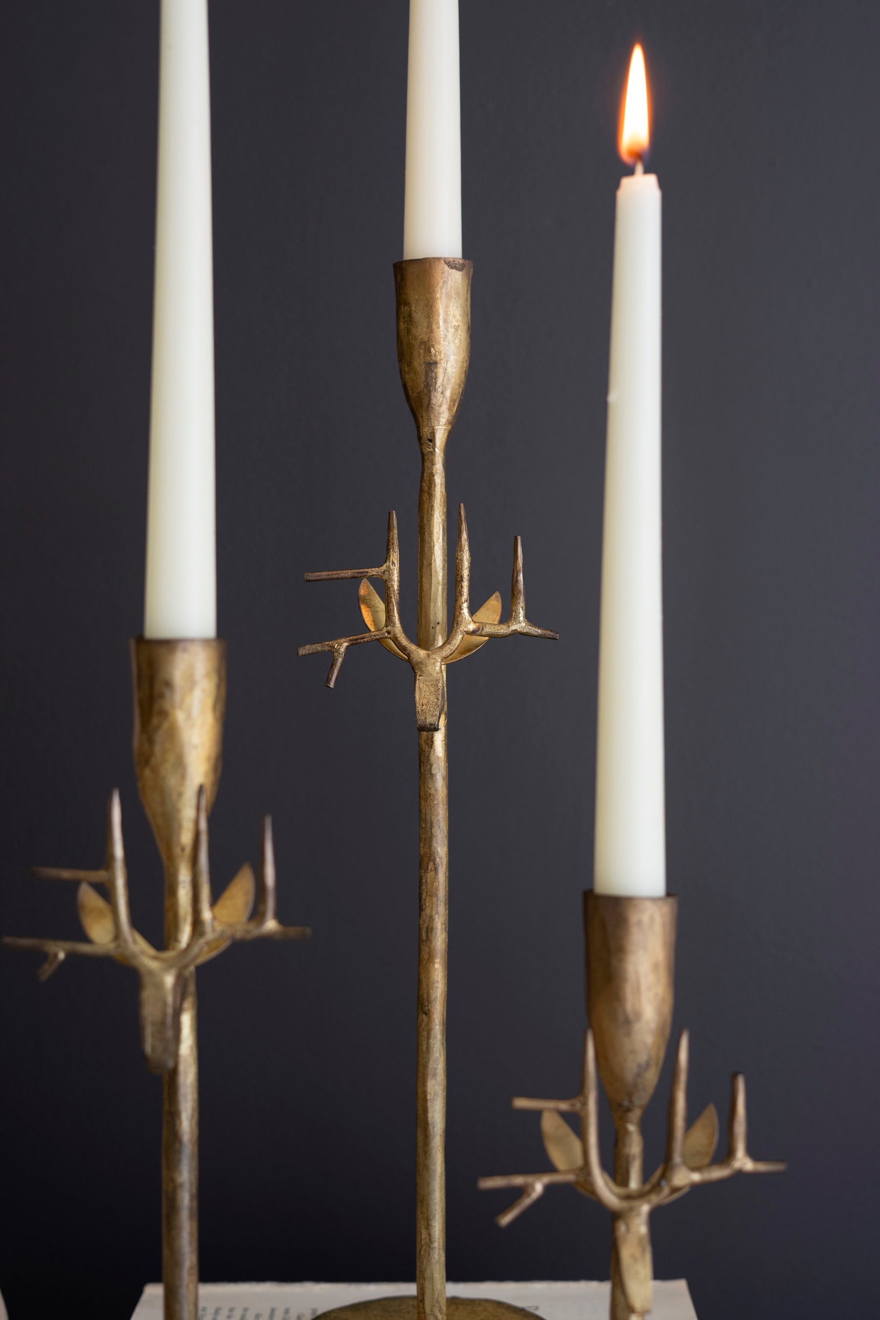 Set Of Three Forged Iron Deer Taper Holders - Antique Gold