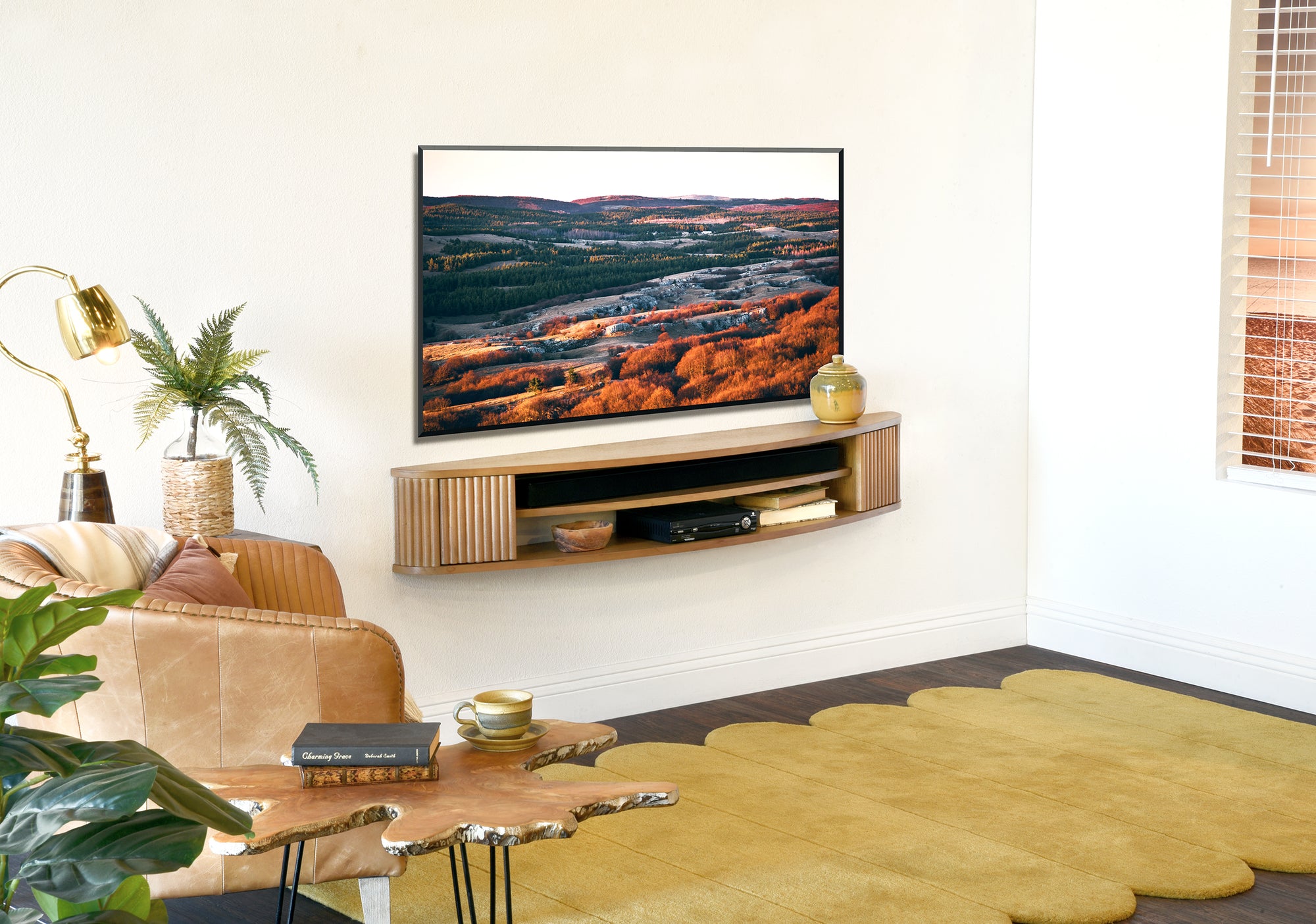 Handcrafted 58" Light Oak Floating TV Stand Curved Wall Mount Entertainment Center Console - Arc - Wheat