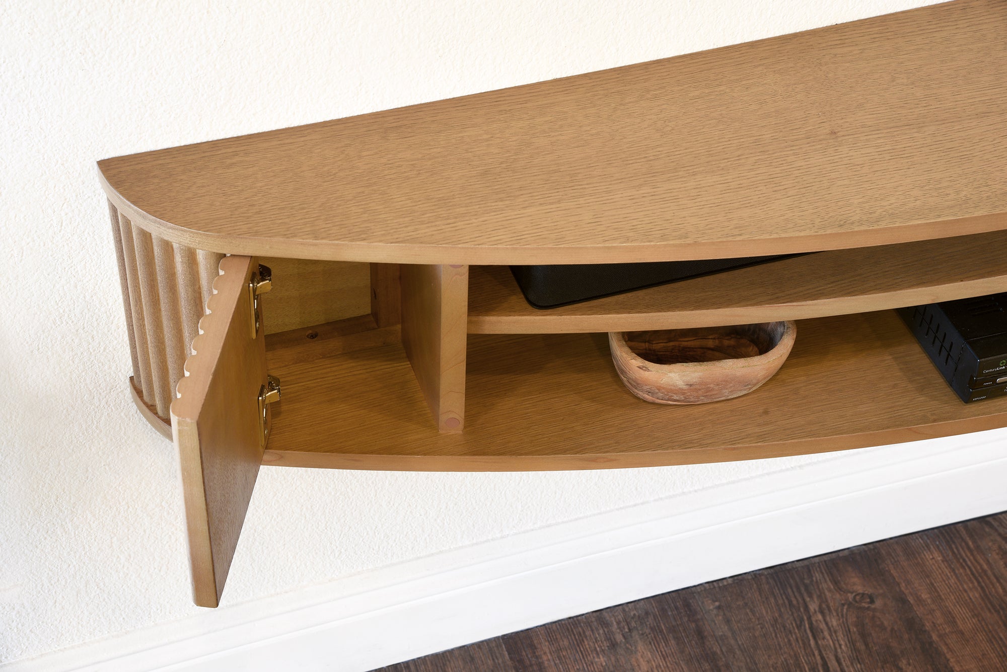 Handcrafted 58" Light Oak Floating TV Stand Curved Wall Mount Entertainment Center Console - Arc - Wheat