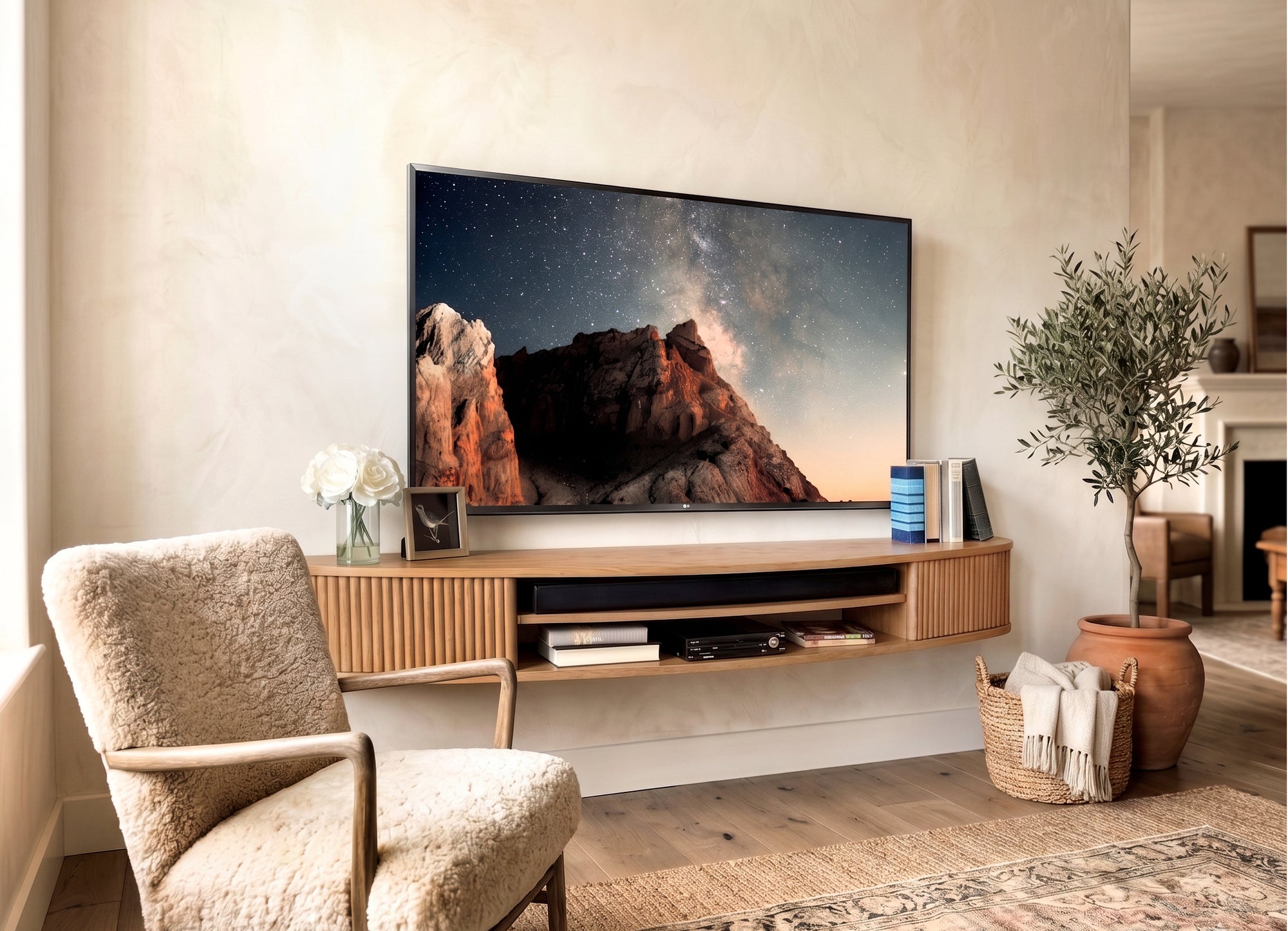 Floating TV Stand Curved Wall Mount 72" Console - Arc - Wheat