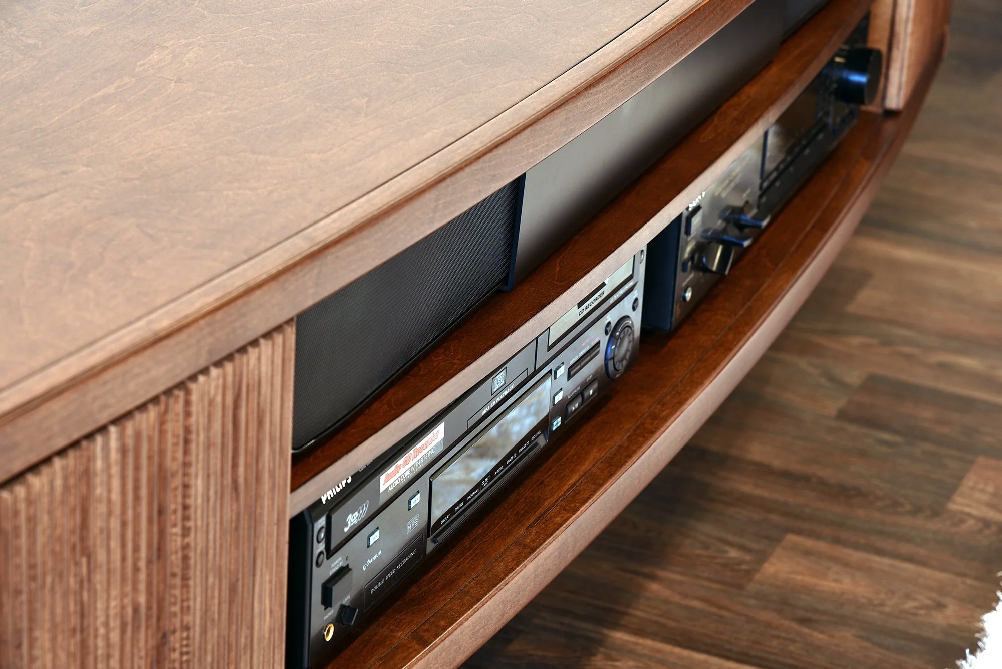 Handcrafted 108" Floating TV Stand Curved Modern Entertainment Center - Arc - Mocha