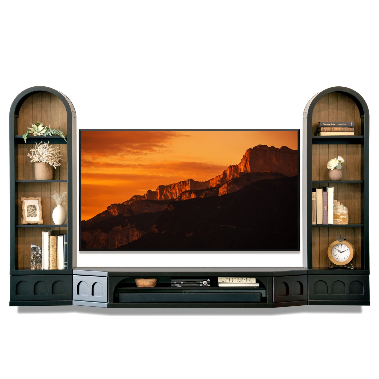 Floating TV Stand Arched Wall Mount Oak Entertainment Center For Up To 65" Screens - Santa Barbara - Black