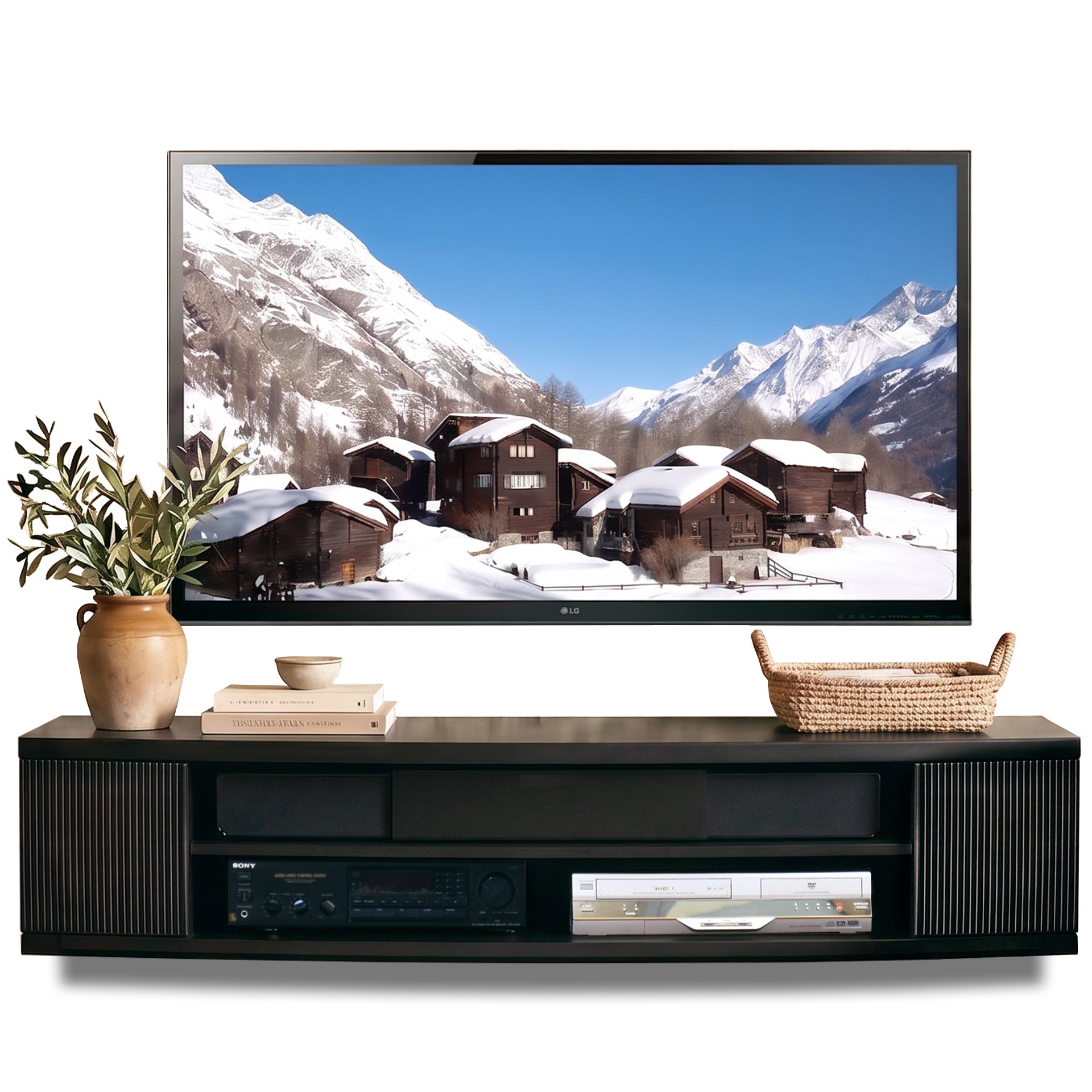 Modern Black Floating TV Stand Wall Mount Media Console - Curve