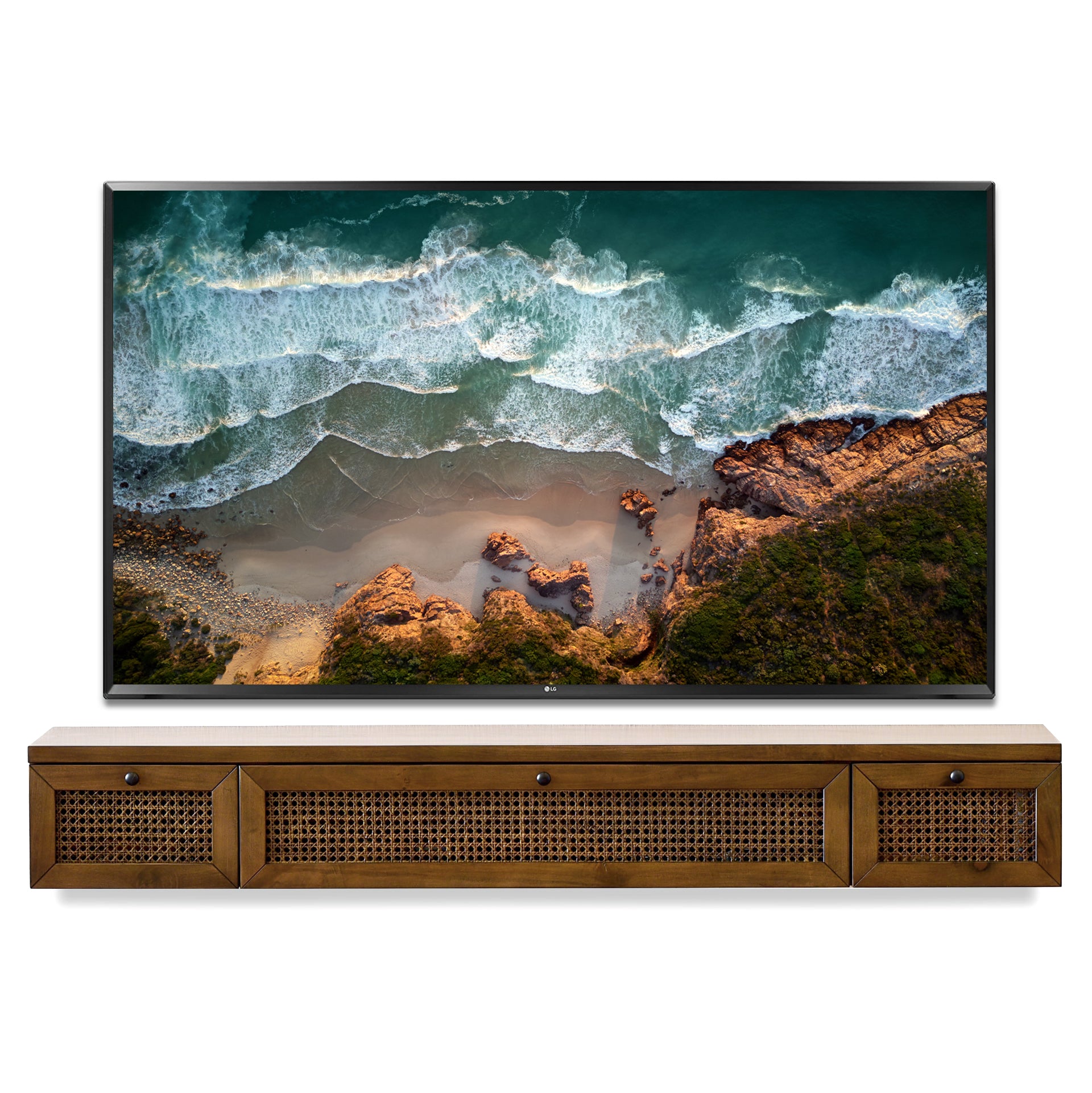 Floating TV Stand - Woodwaves - Cane Floating Entertainment Center Rattan Wicker Console - Sugar Cane Collection - Spice