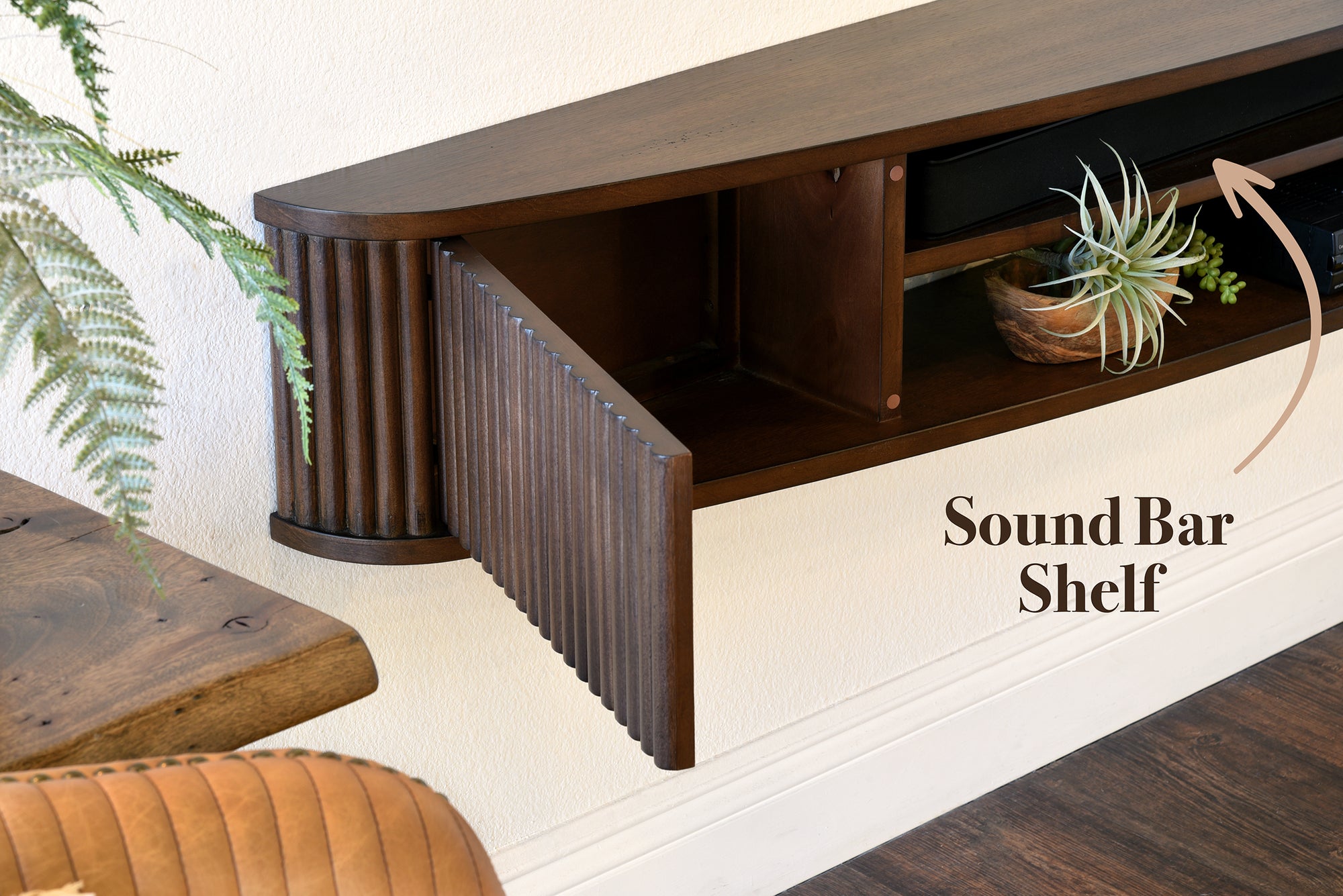 Handcrafted 72" Floating TV Stand Curved Wall Mount Entertainment Center Media Console - Arc - Russet Brown