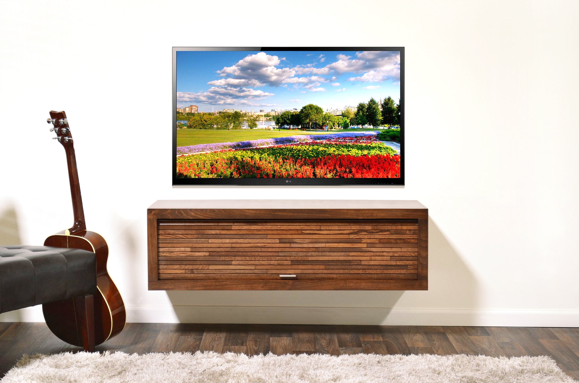Handmade Floating TV Stand Modern Wall Mount Media Console - ECO GEO - Mocha