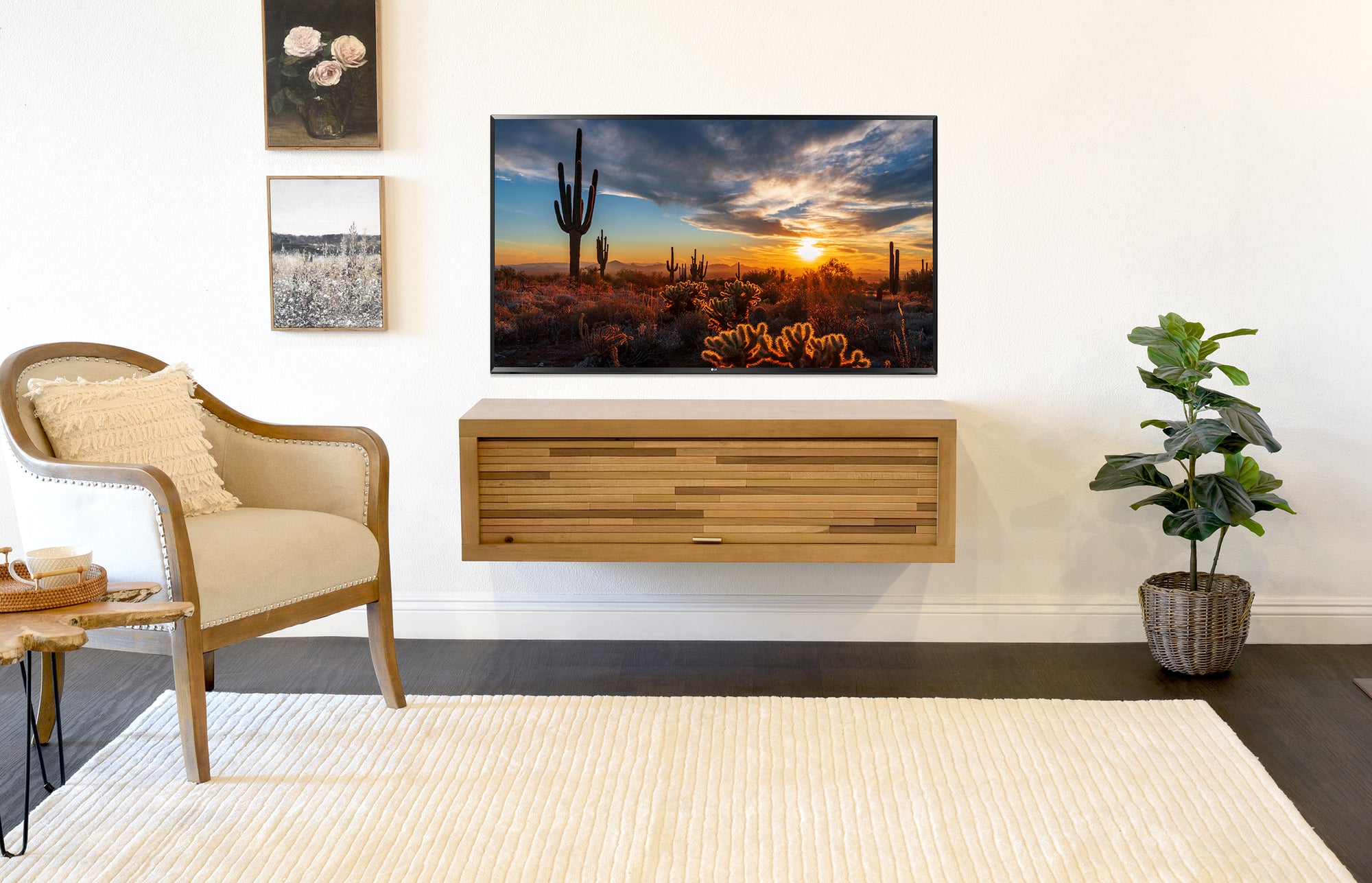 Floating TV Stand Light Natural Wood Wall Mount Media Console - ECO GEO - Wheat
