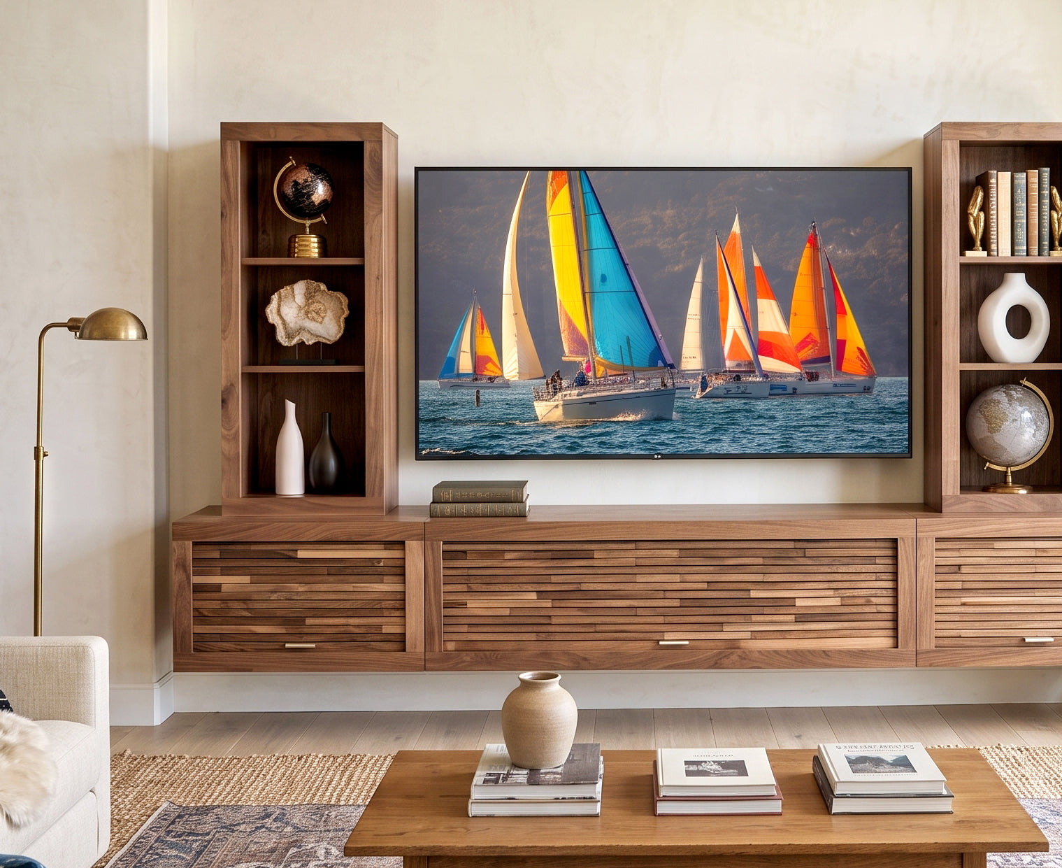 Walnut Floating TV Stand Modern Wall Mount Entertainment Center With Bookcases - ECO GEO - Walnut