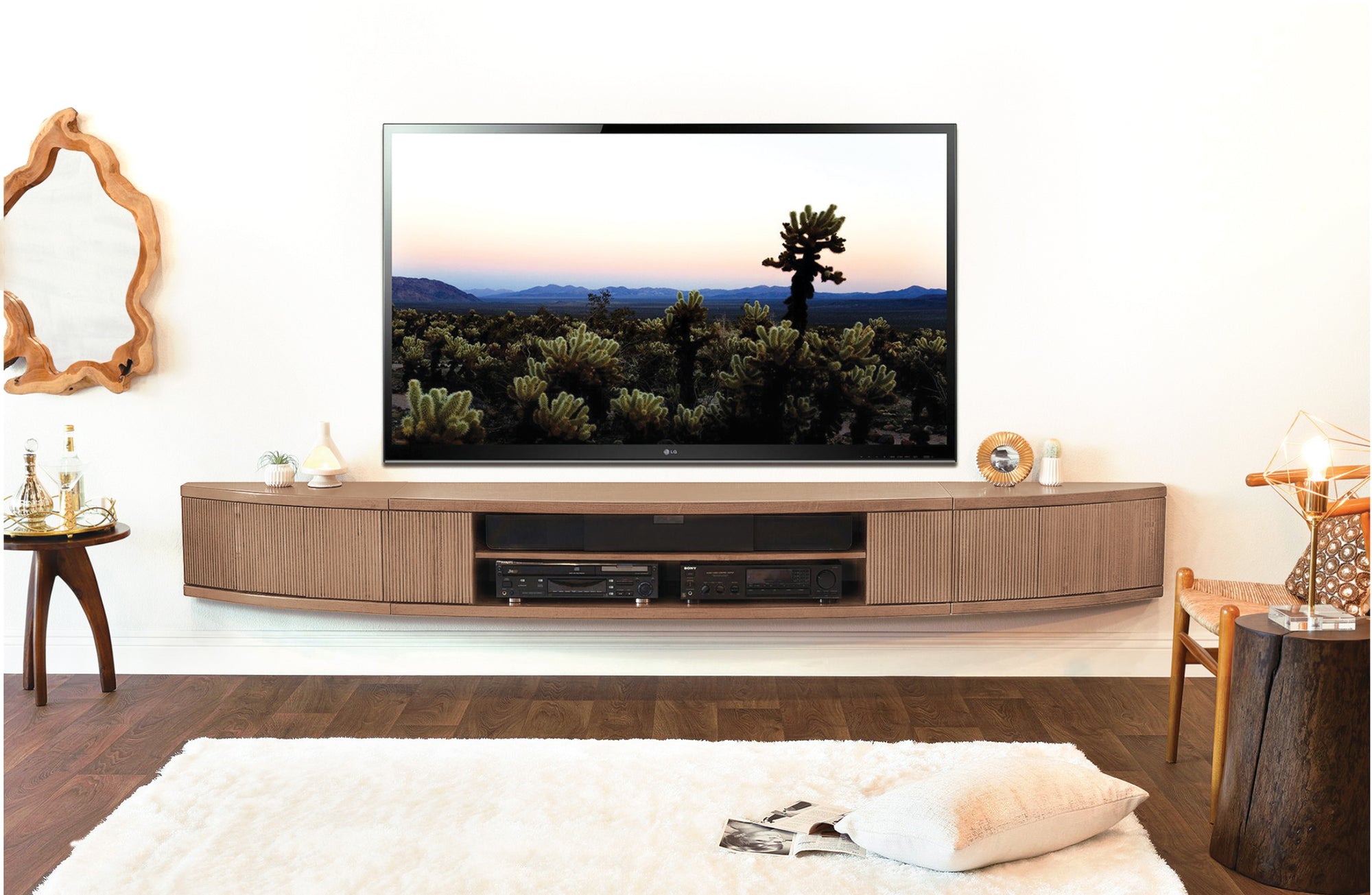 Handcrafted 108" Natural Floating TV Stand Curved Modern Wall Mount Entertainment Center - Arc - Ginger