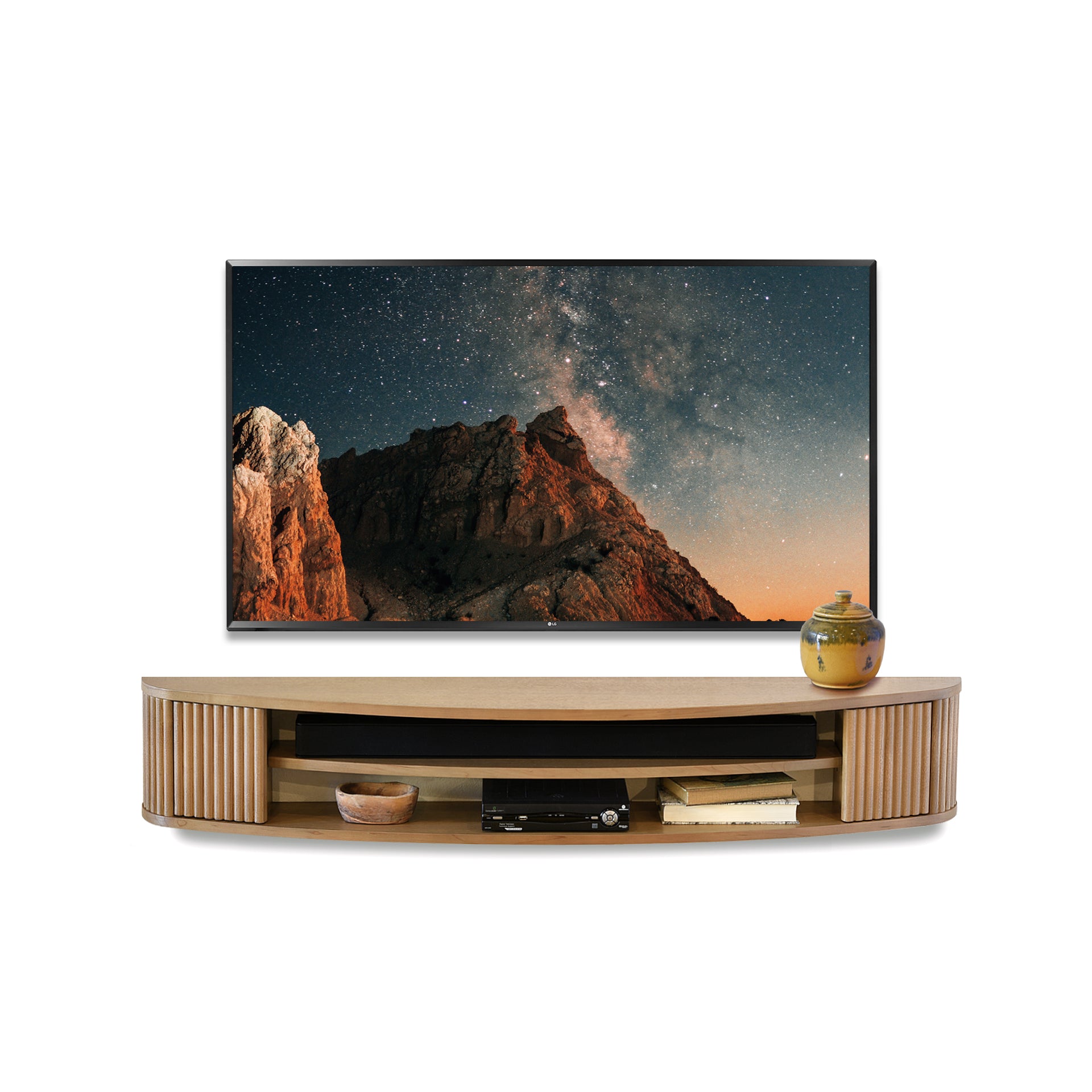 Handcrafted 58" Light Oak Floating TV Stand Curved Wall Mount Entertainment Center Console - Arc - Wheat
