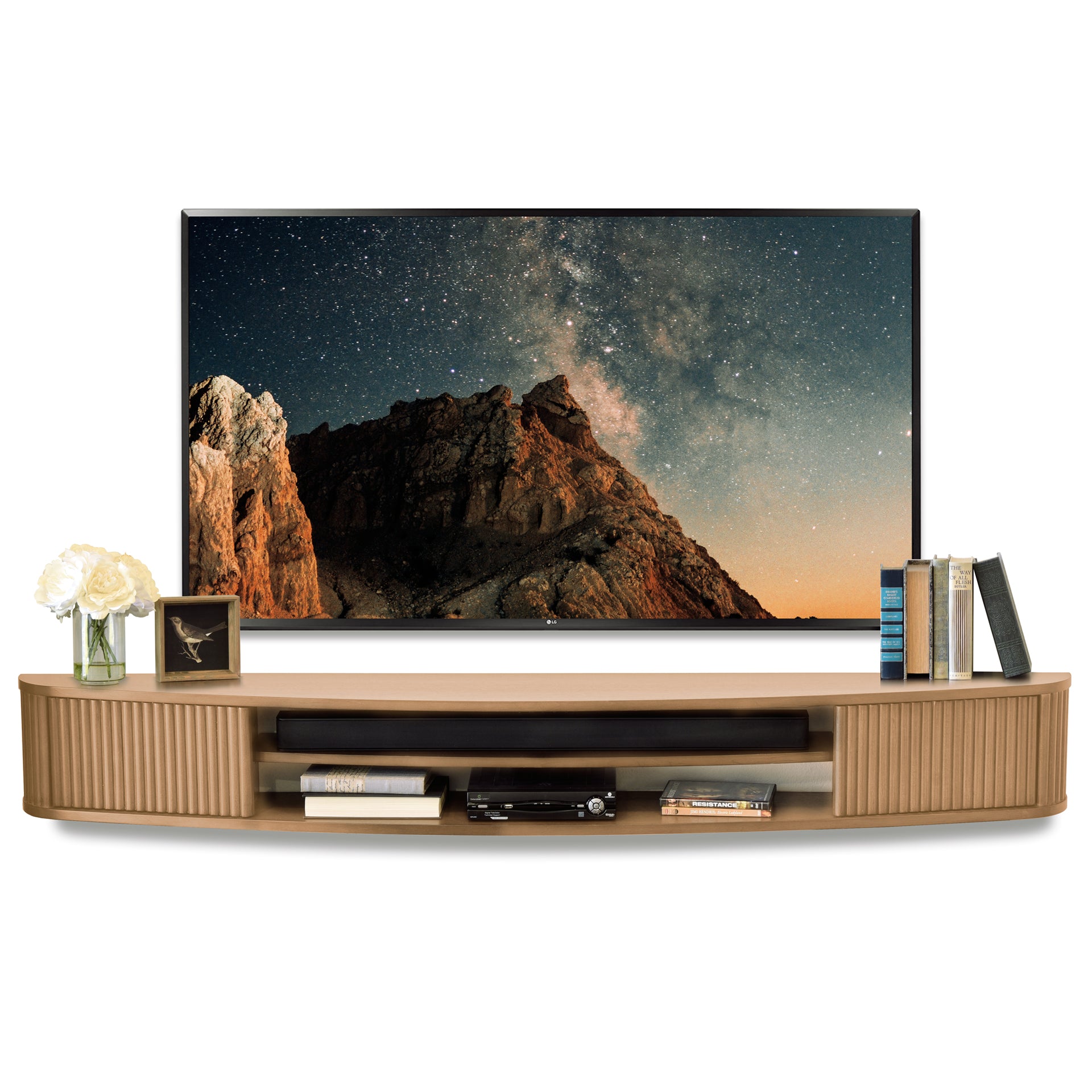 Handcrafted 72" Light Natural Oak Floating TV Stand Curved Wall Mount Entertainment Center Media Console - Arc - Wheat