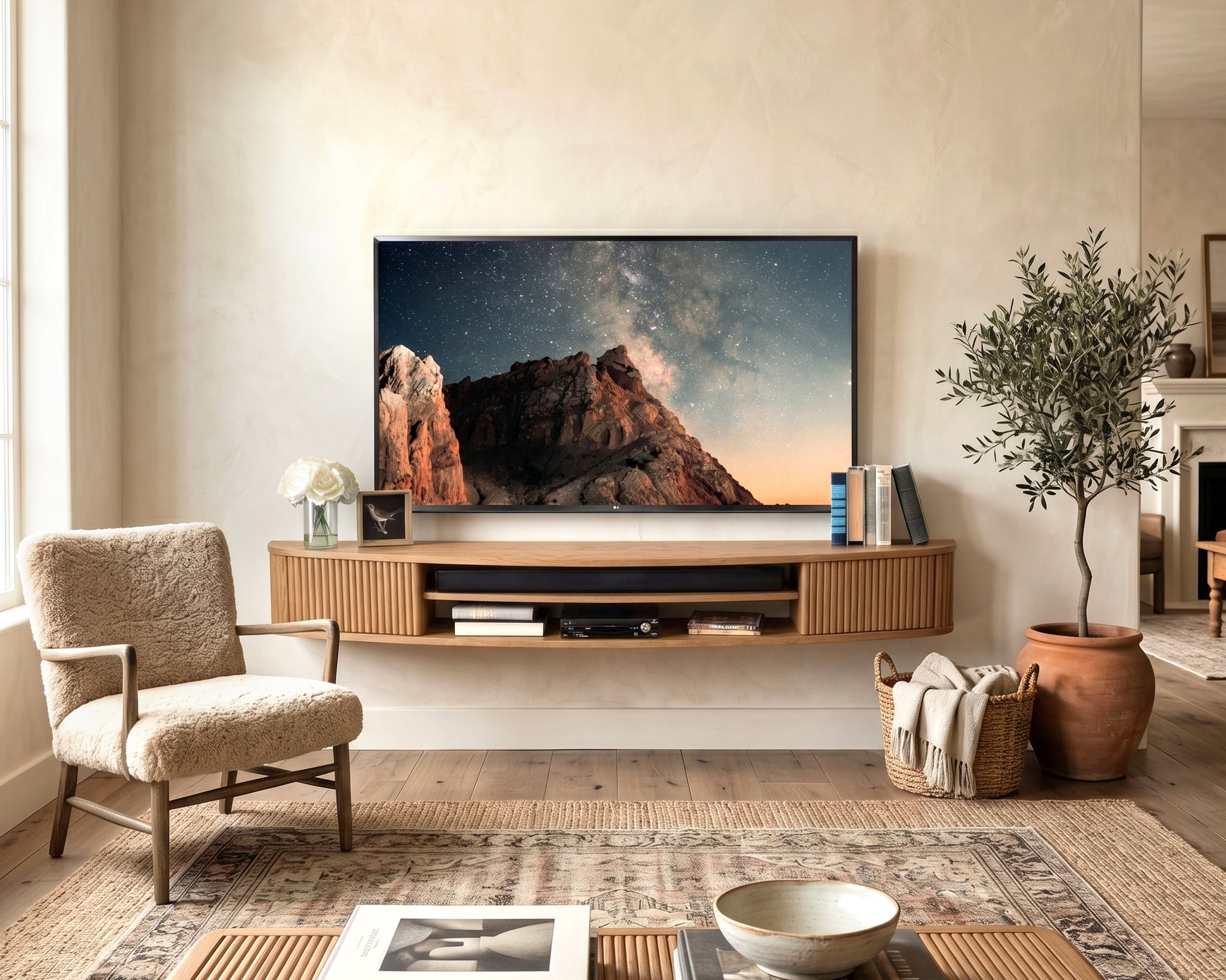 Floating TV Stand Curved Wall Mount 72" Console - Arc - Wheat