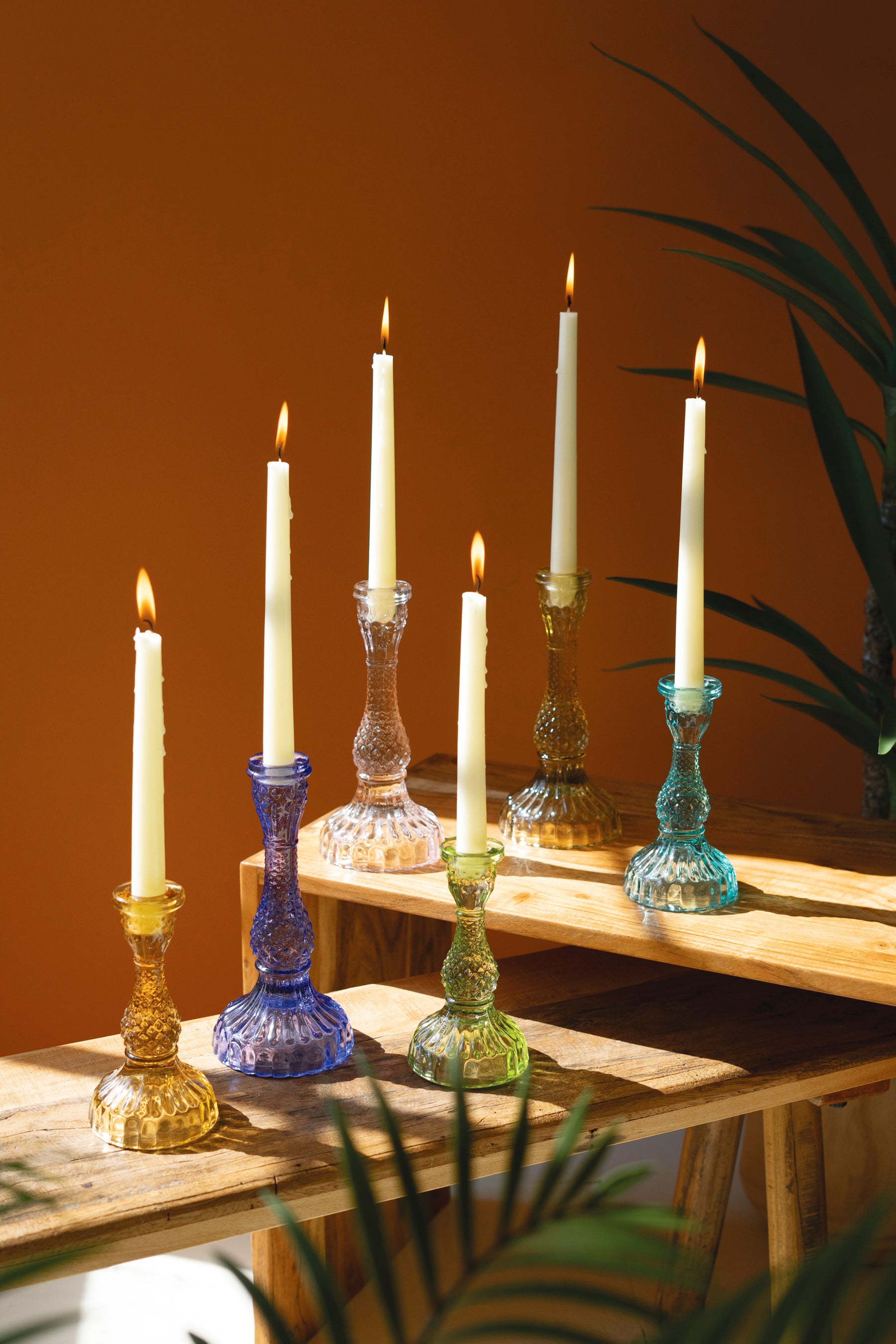 Set Of Six Colorful Pressed Glass Taper Candle Holders