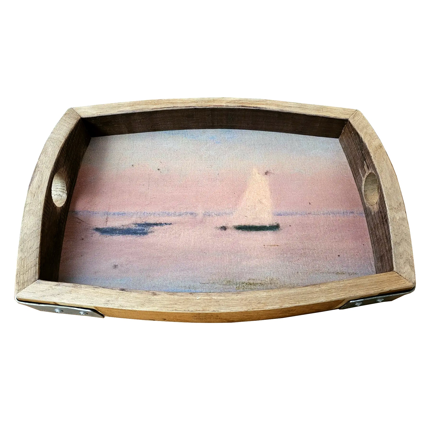 Rustic Repurposed Oak Wine Barrel Serving Tray With Coastal Seascape Sailboat Graphic