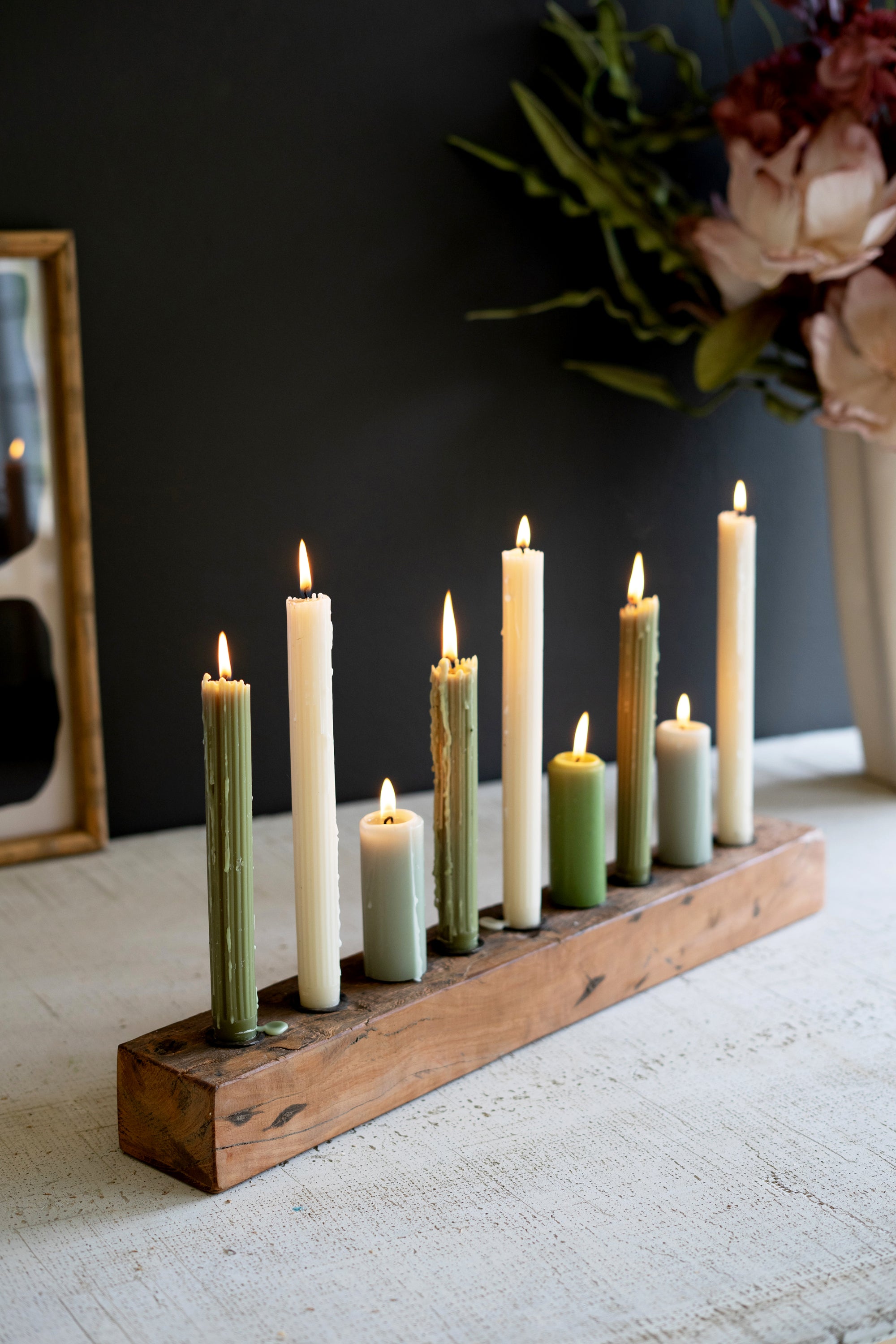 Rustic Wood Nine Taper Candle Holder Centerpiece
