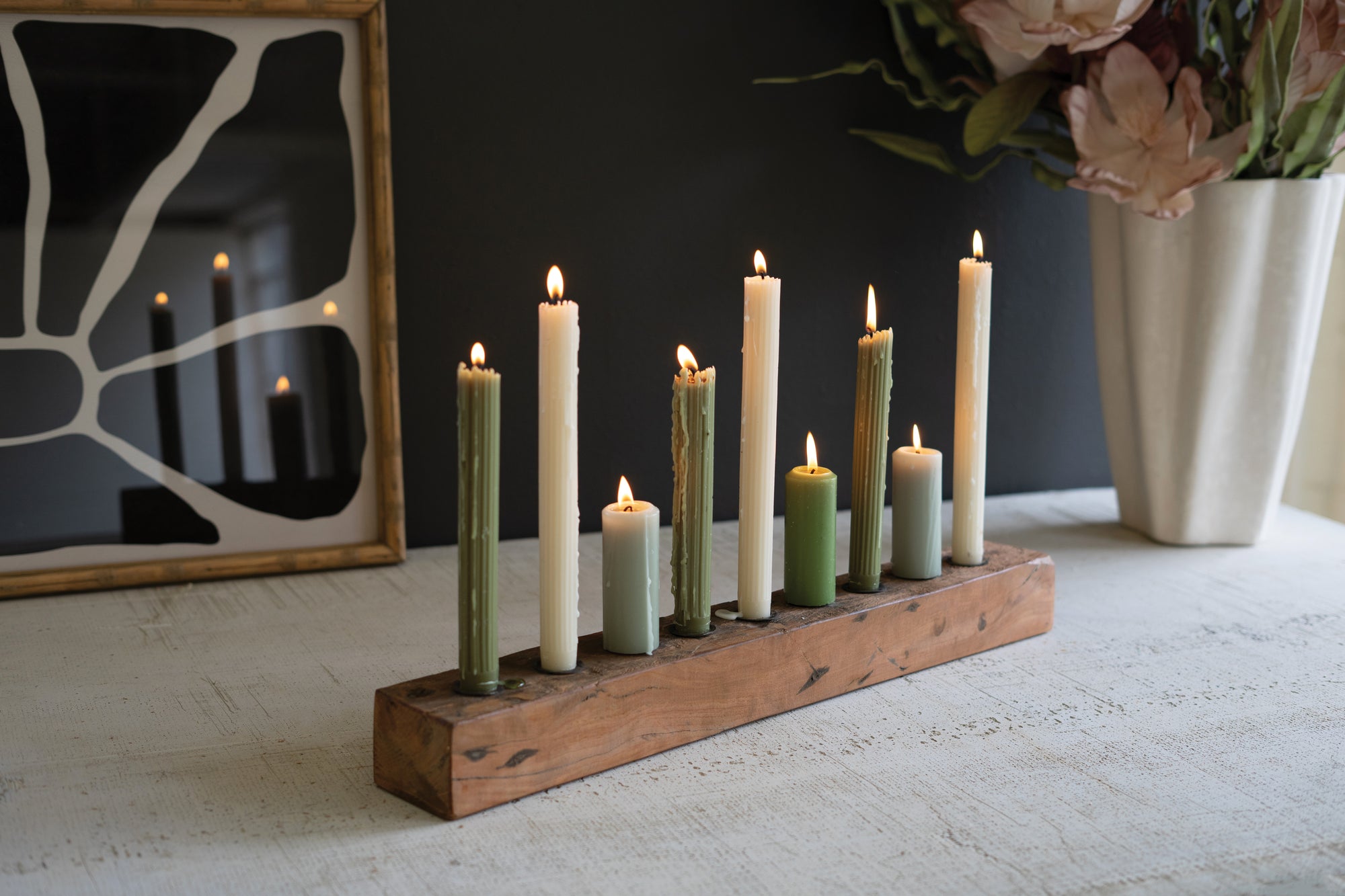Rustic Wood Nine Taper Candle Holder Centerpiece