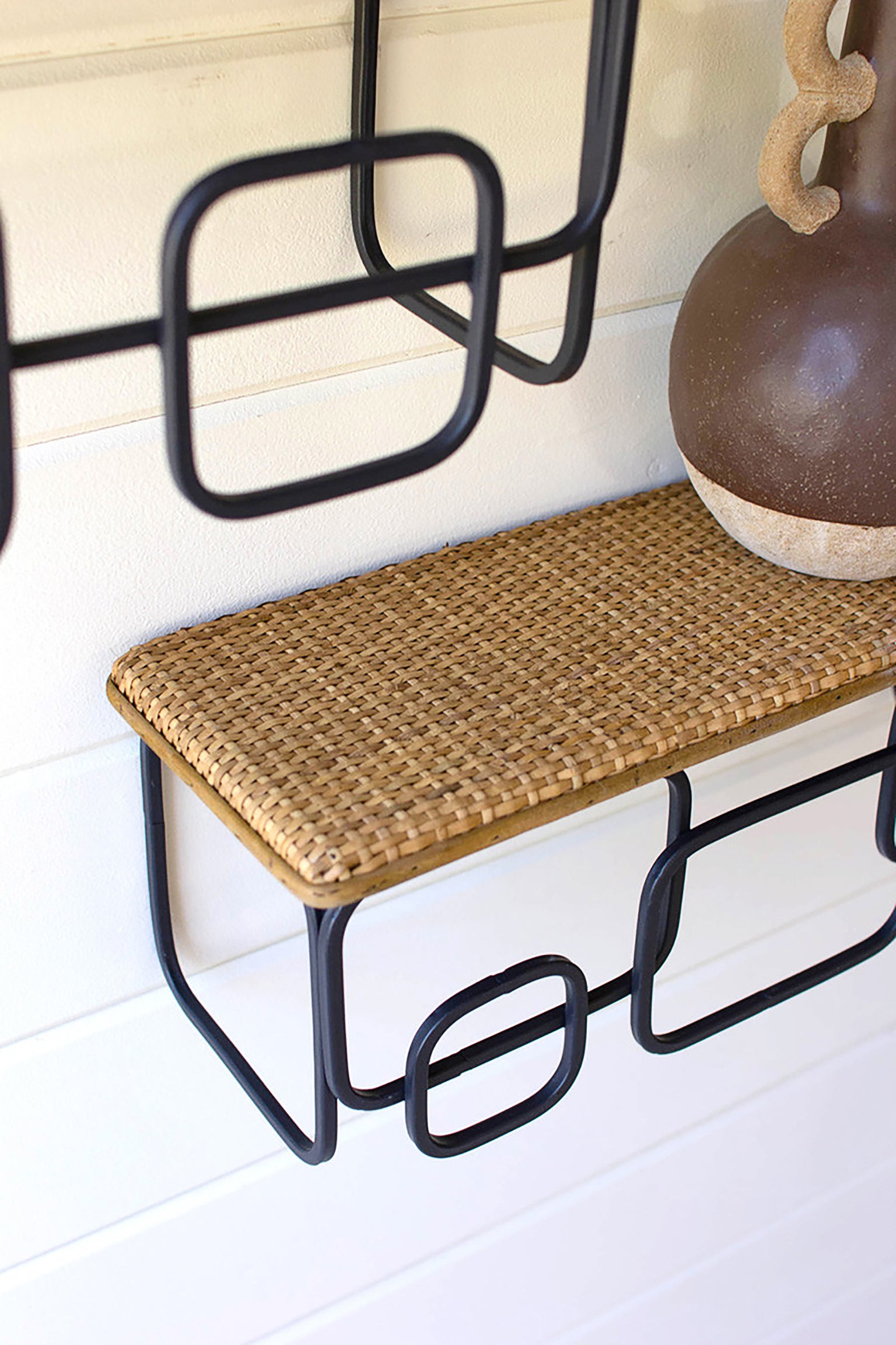 Retro Geometric Wall Shelf Set With Woven Tops