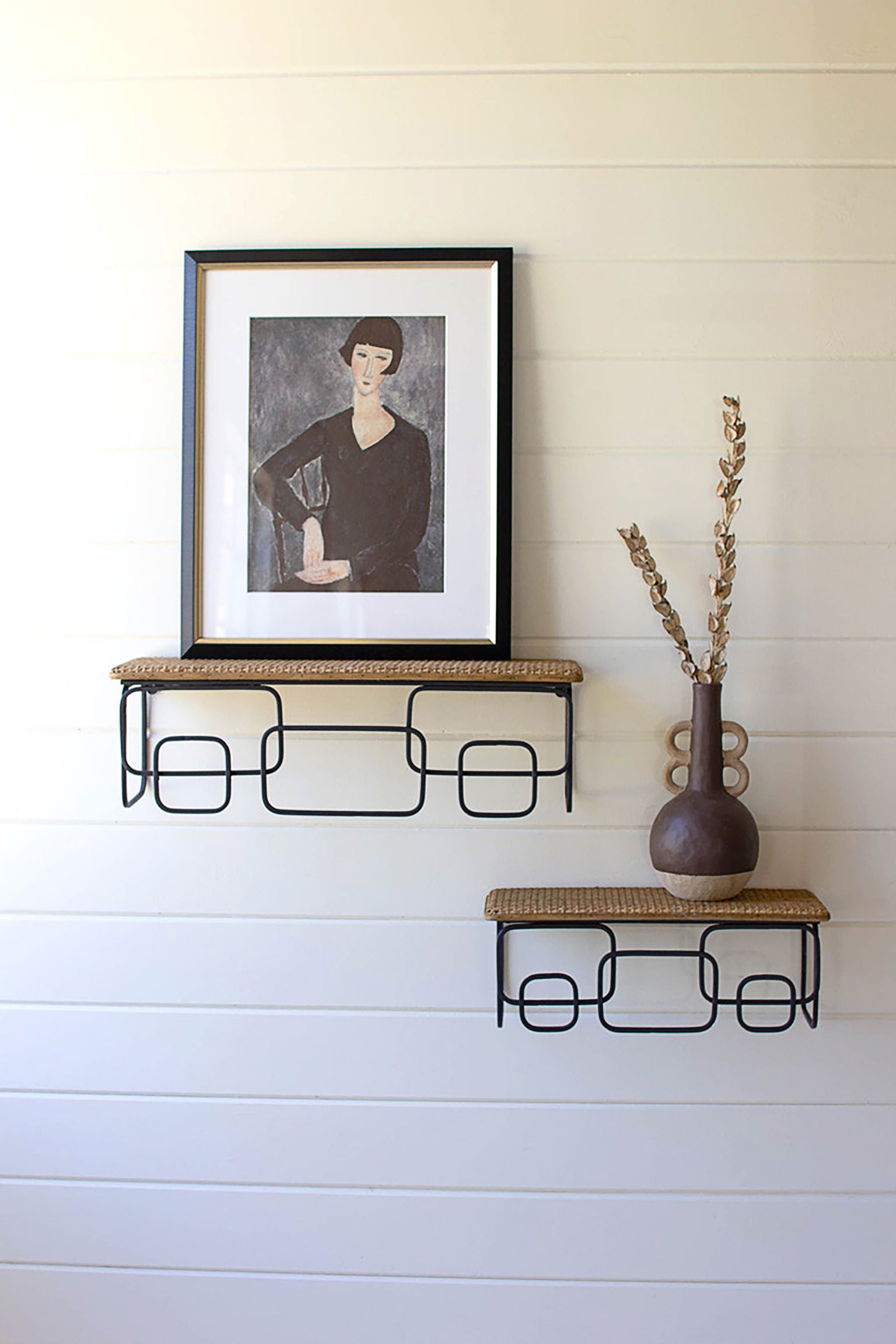 Retro Geometric Wall Shelf Set With Woven Tops