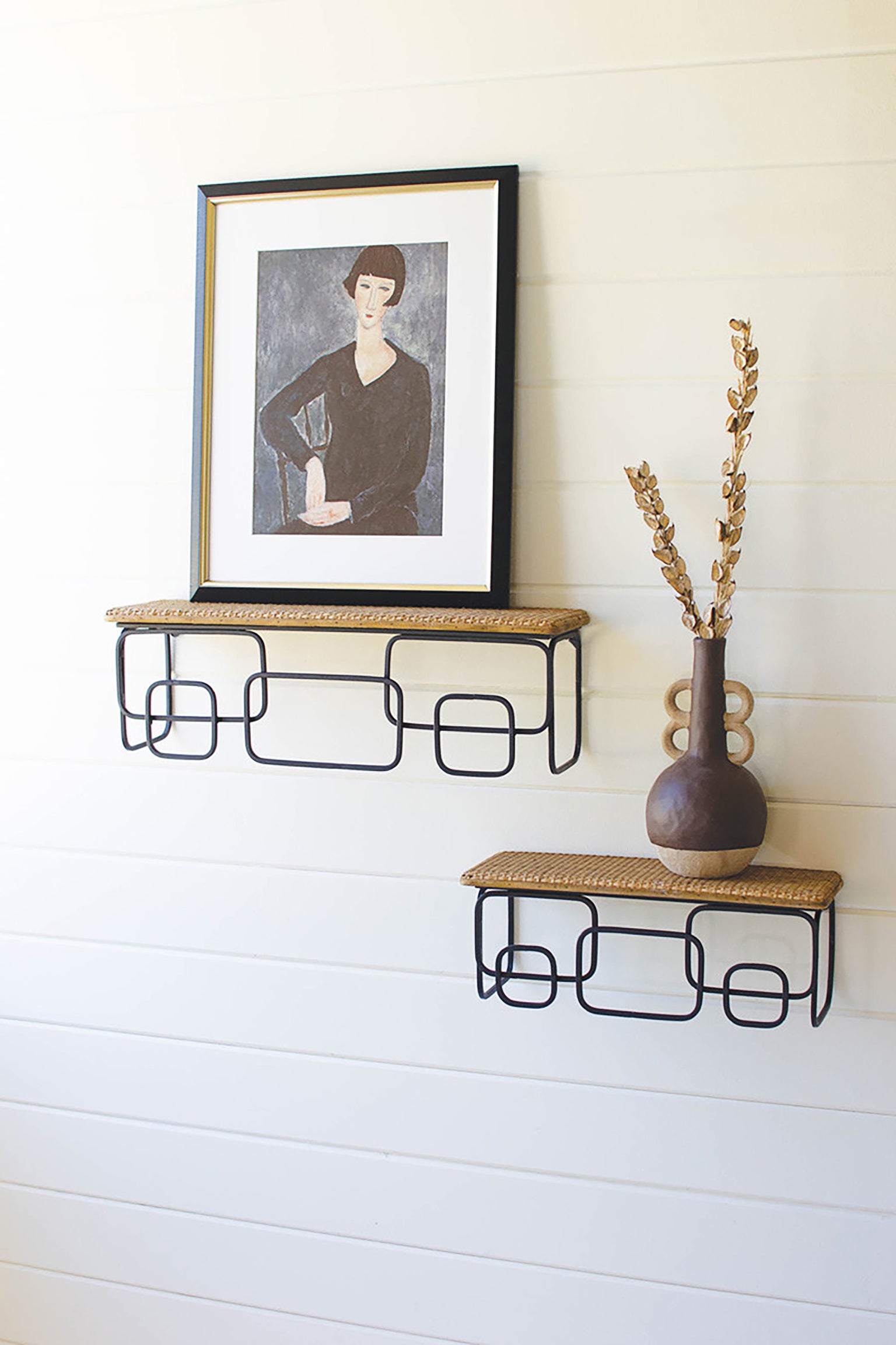 Retro Geometric Wall Shelf Set With Woven Tops