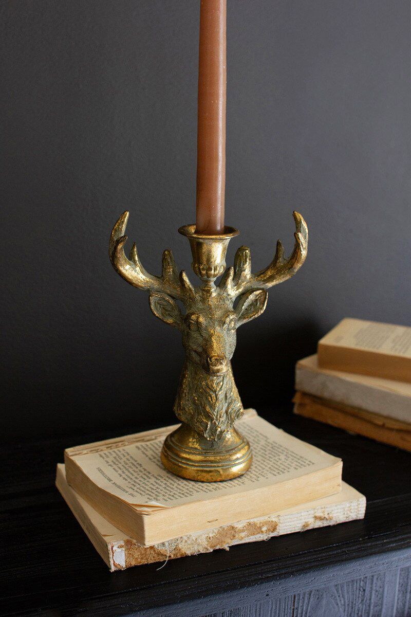 Antique Brass Resin Deer Taper Candle Holders - Set of Two
