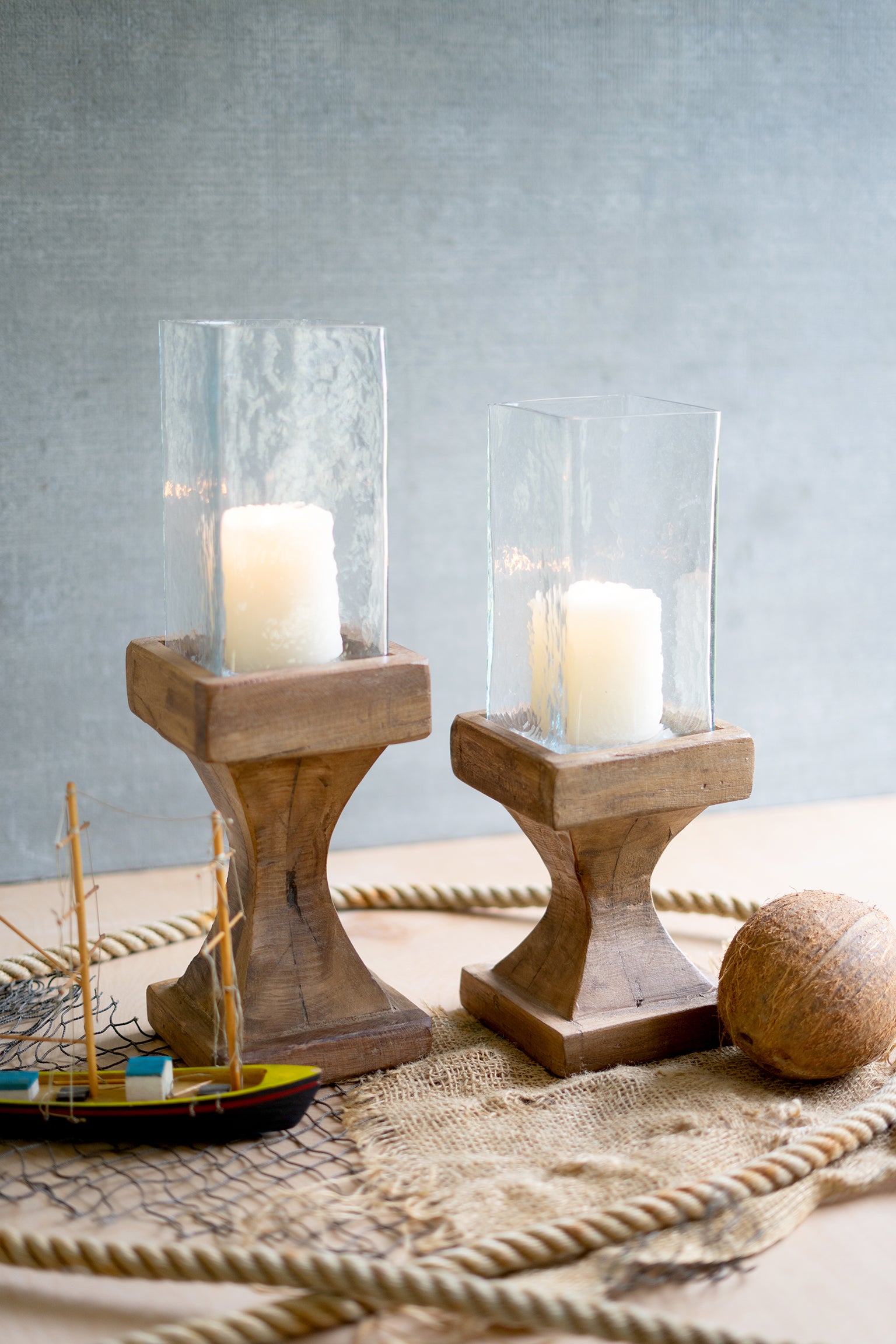 Set Of Two Coastal Glass Hurricanes With Recycled Wood Bases