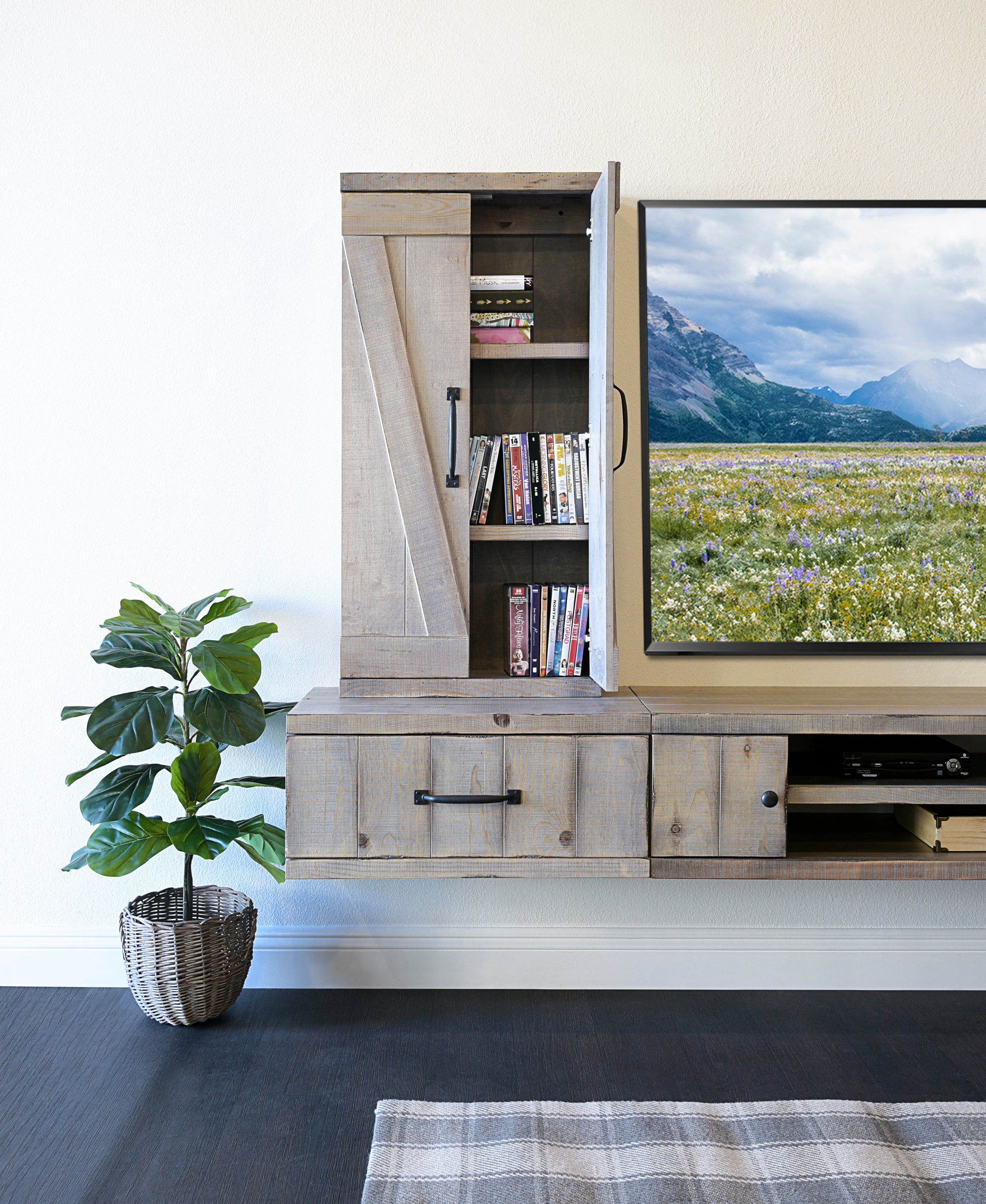 Handcrafted 114" Rustic Wood Floating TV Stand Wall Mount Entertainment Center - Pine Creek - Lakewood Gray