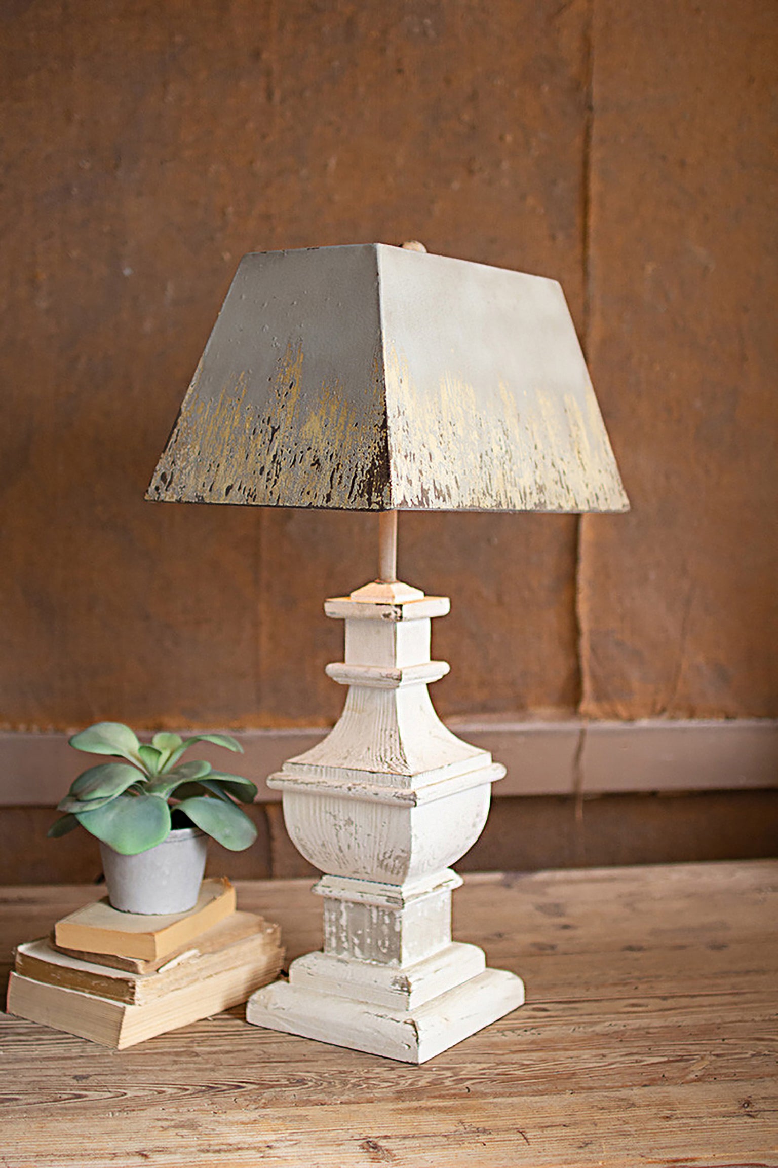 Rustic White Wood Cottagecore Table Lamp With Metal Shade
